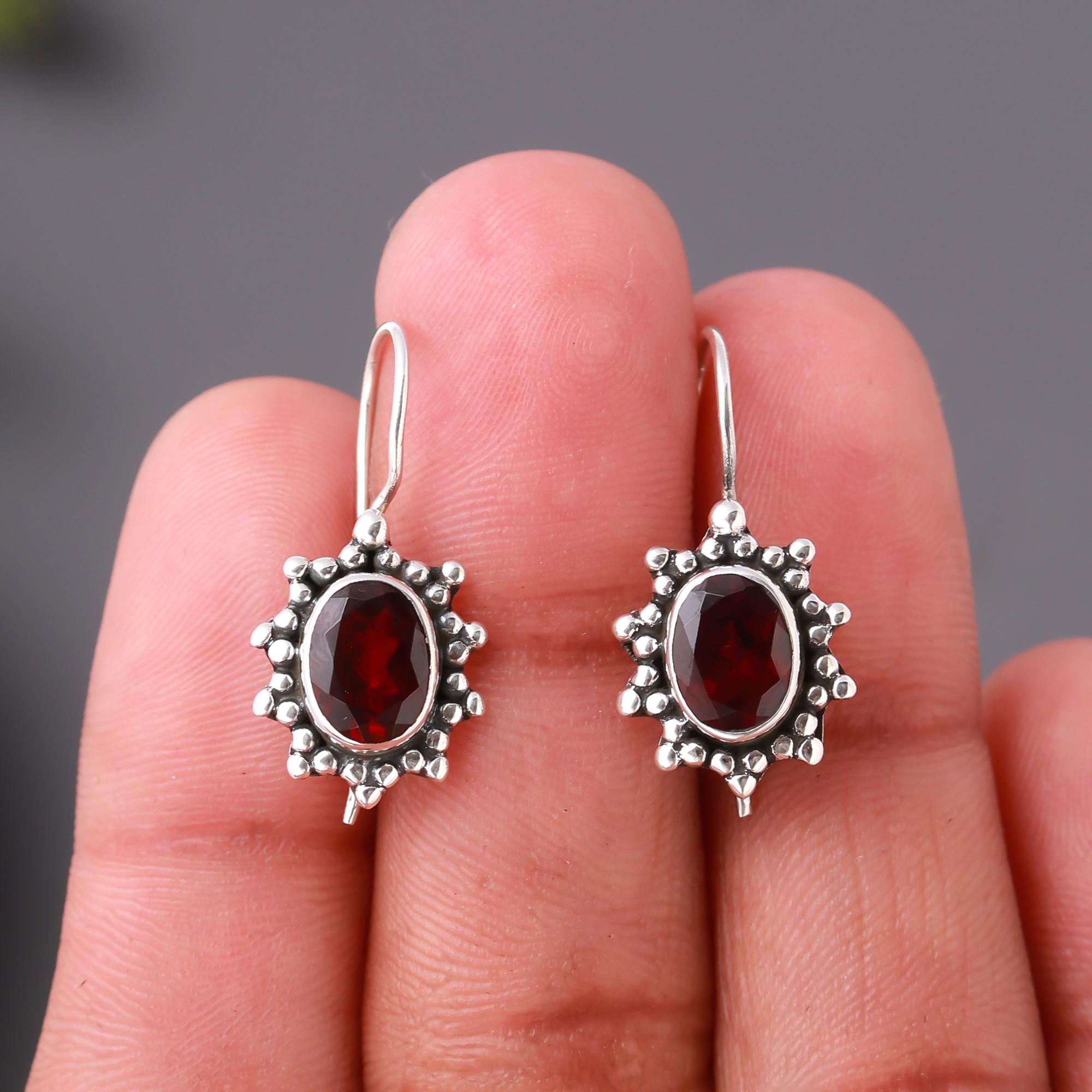925 Silver Oval Garnet Dangle Earrings