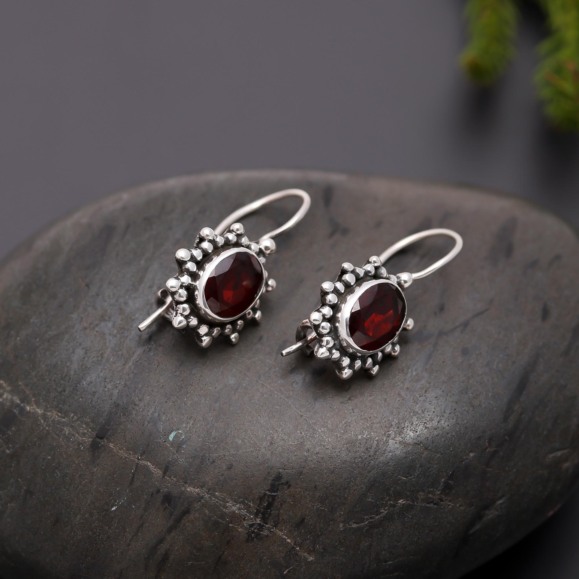 925 Silver Oval Garnet Dangle Earrings