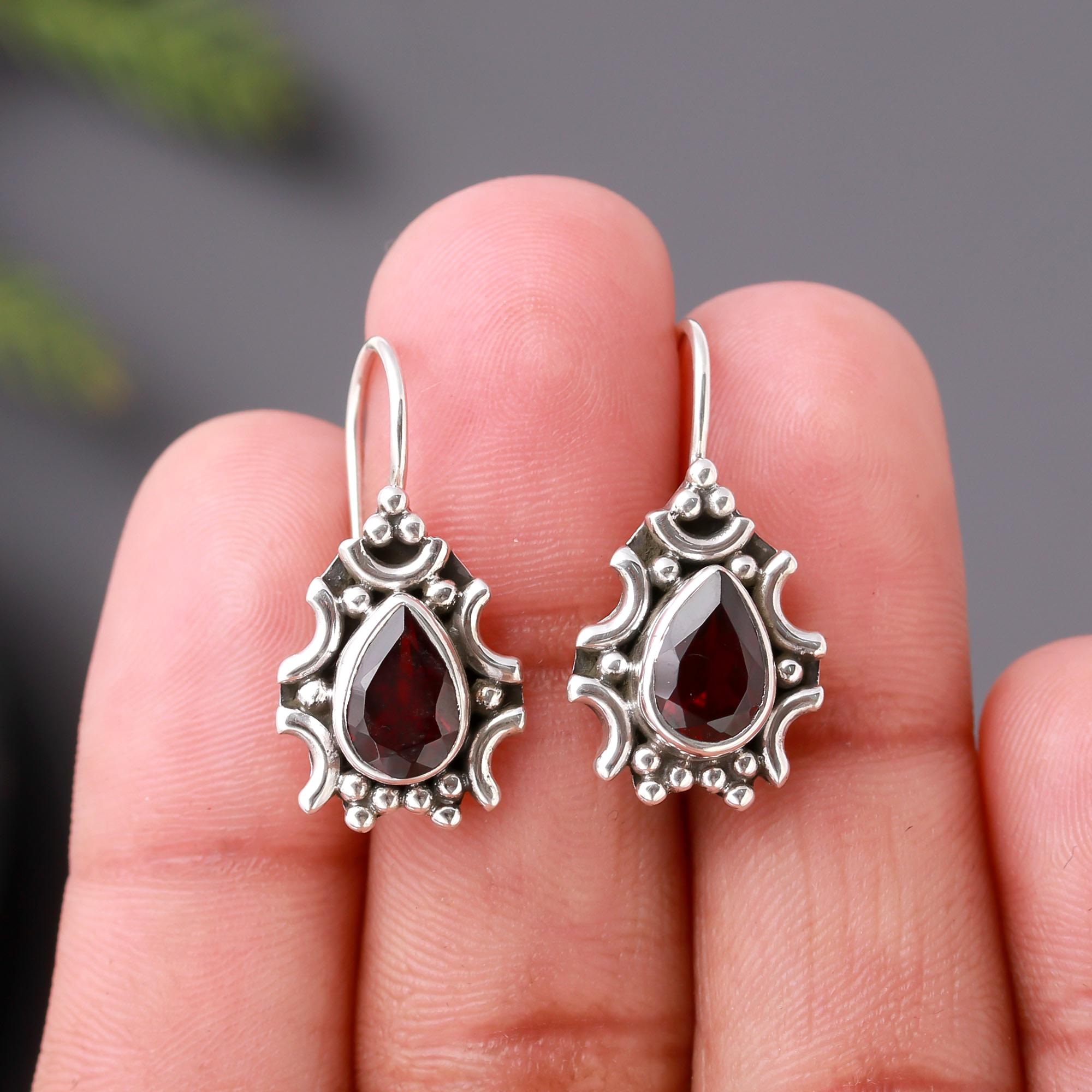 925 Silver Garnet Dangle Earrings