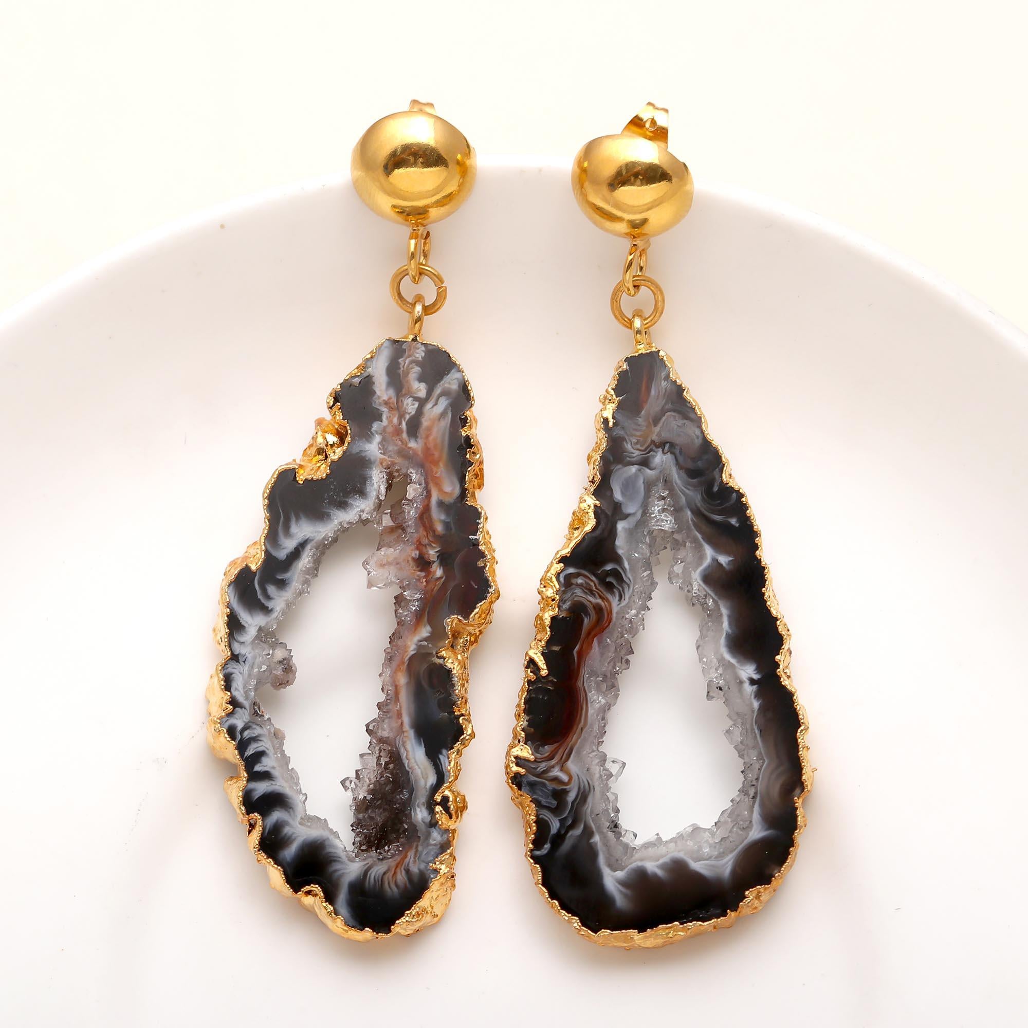 Hypoallergenic Brass Tobacco Geode Slice Agate Drusy Drop Earrings