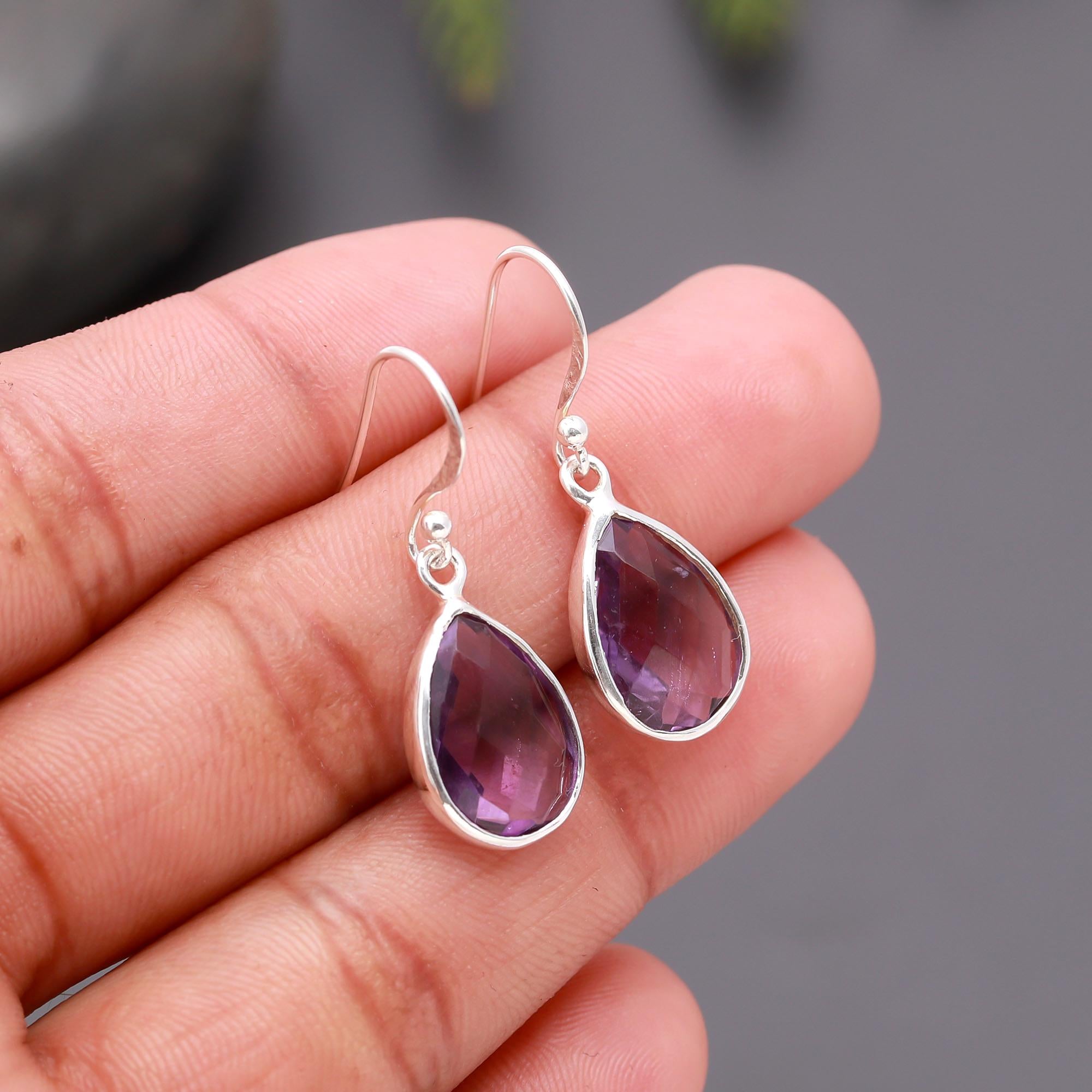 925 Silver Faceted Amethyst Dangle Earrings