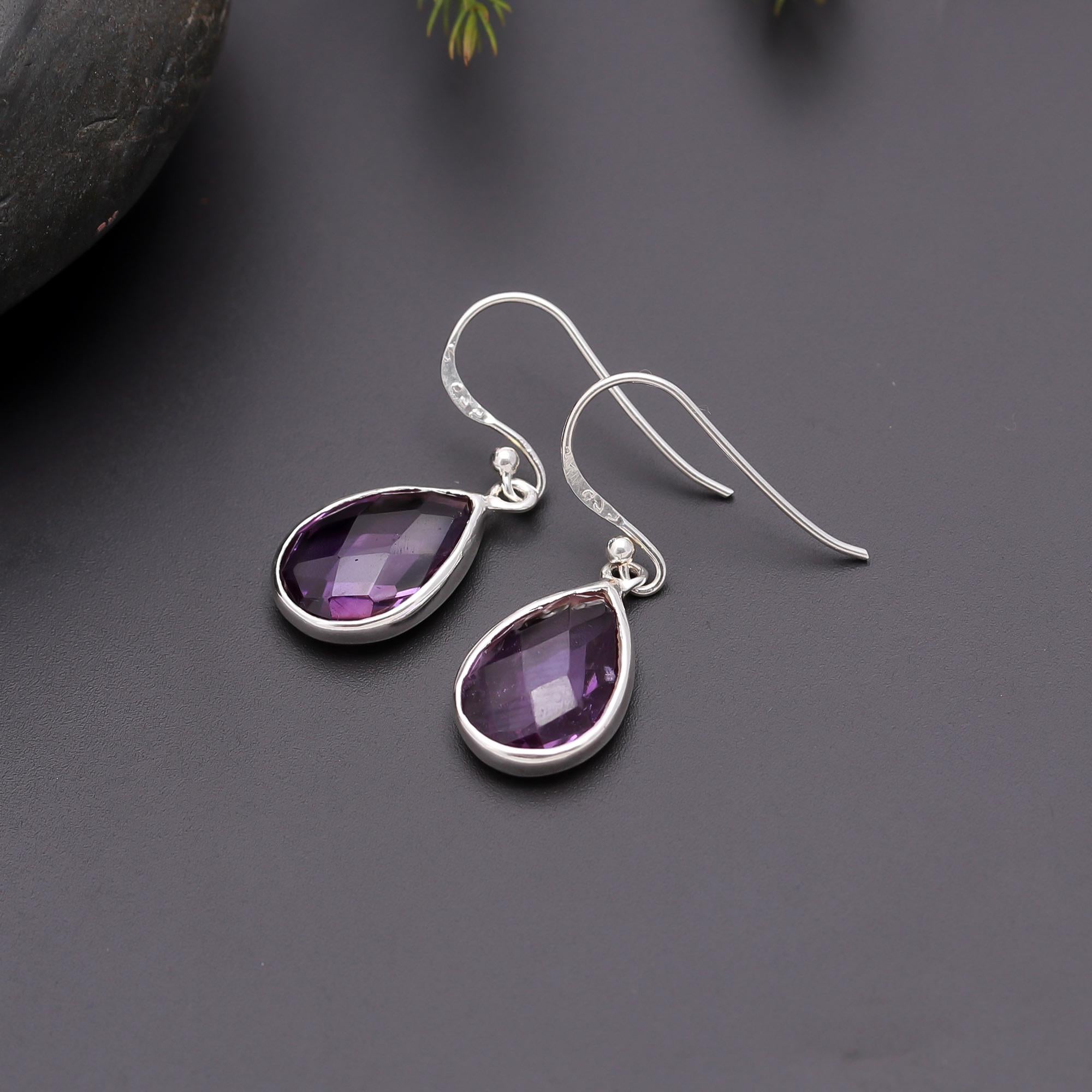 925 Silver Faceted Amethyst Dangle Earrings