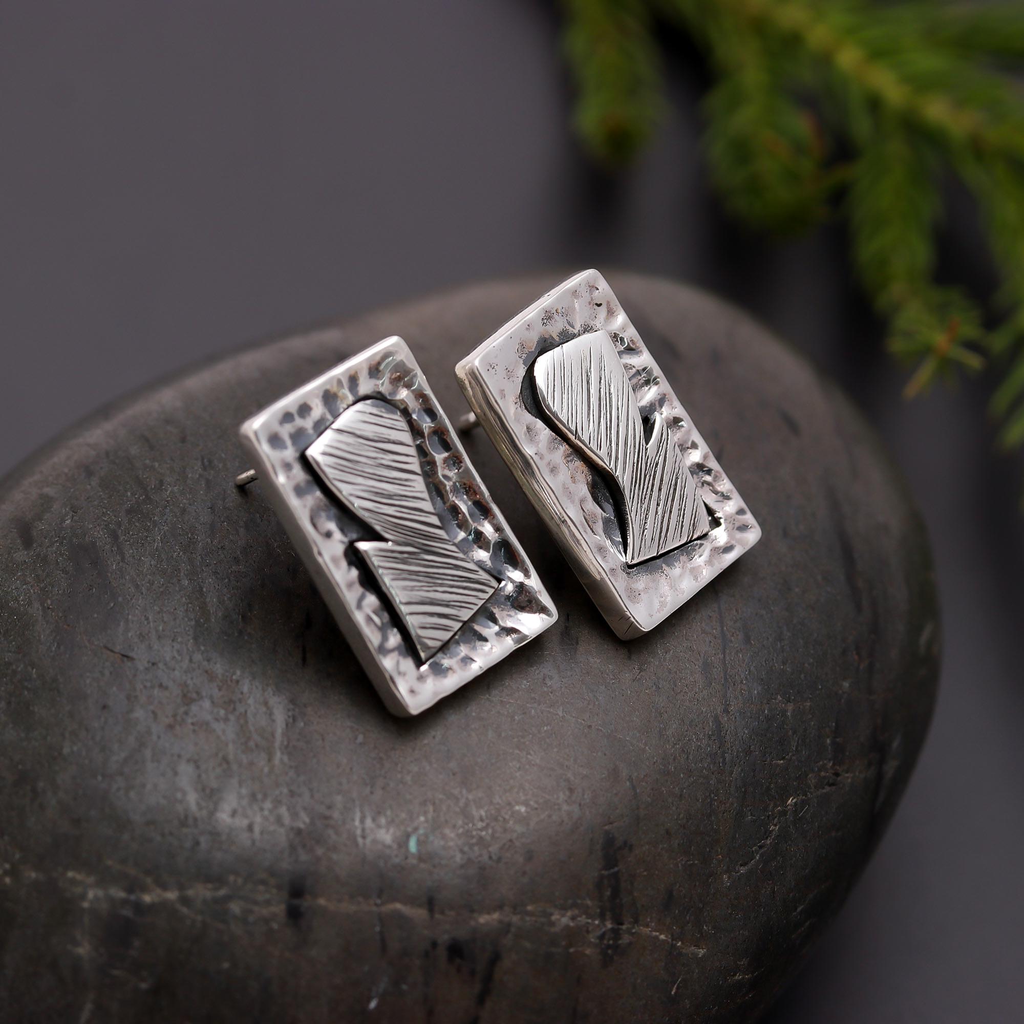 925 Silver Textured Rectangle Stud Earrings