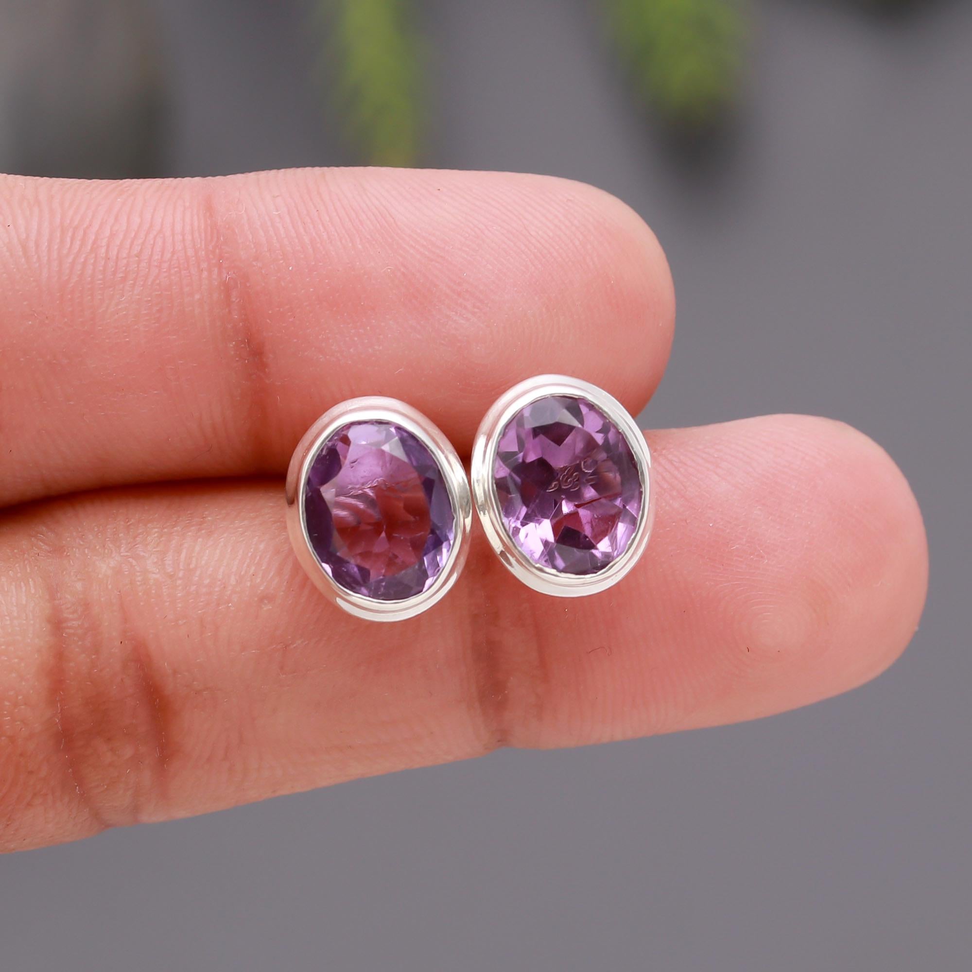 925 Silver Oval Amethyst Stud Earrings