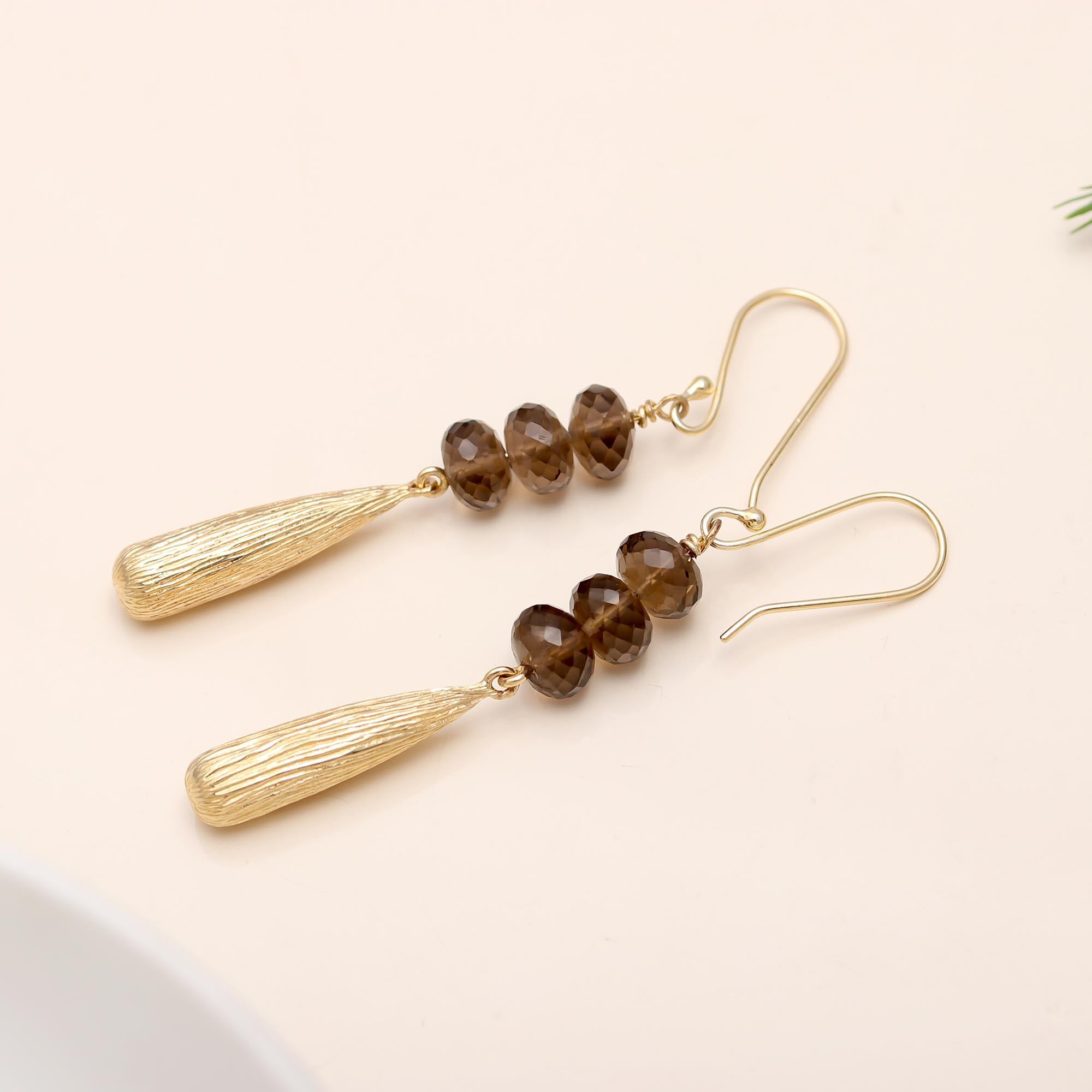 Hypoallergenic Brass Drop Earrings Smoky Quartz & Topaz