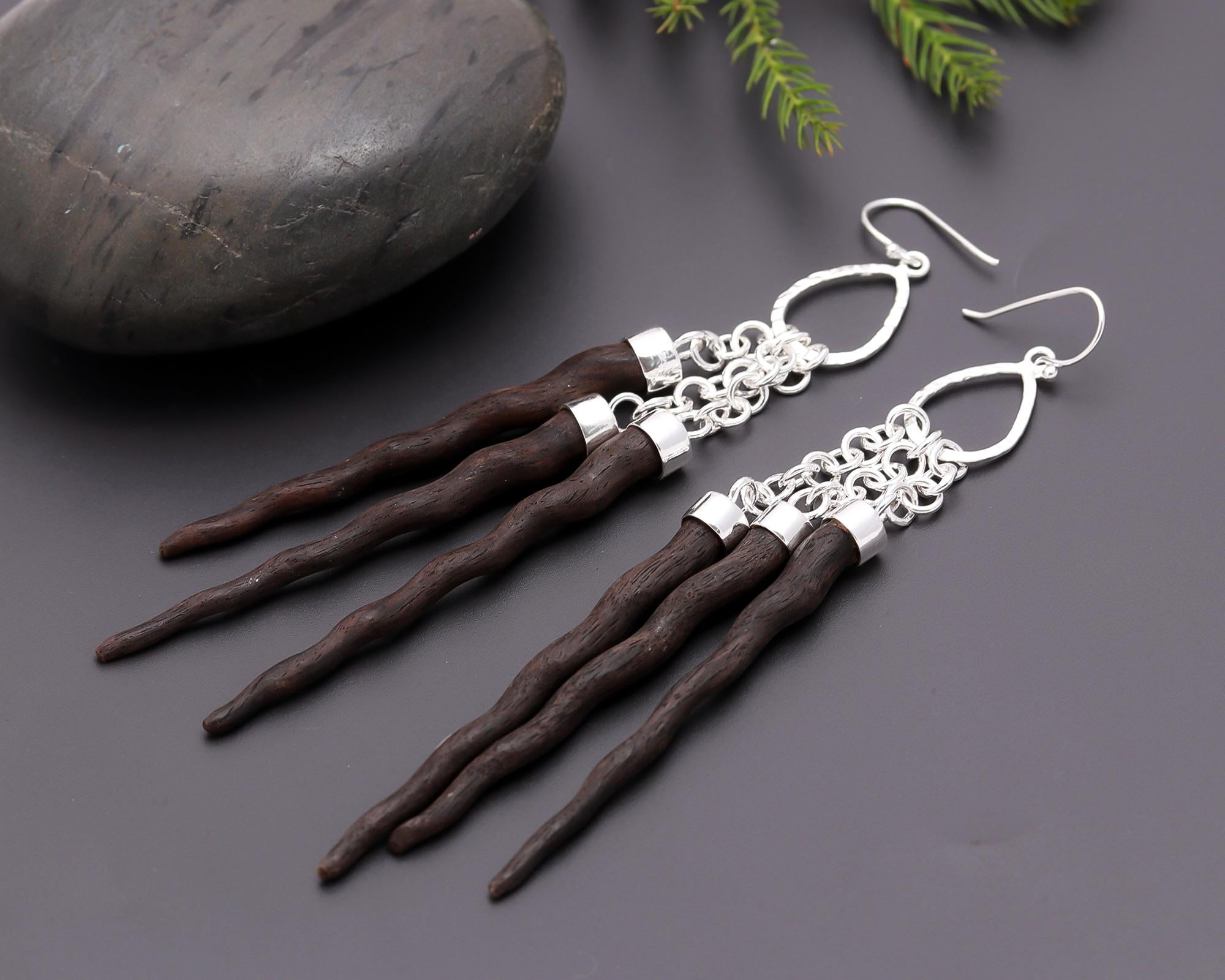 925 Silver Long Wood Stick Dangle Earrings