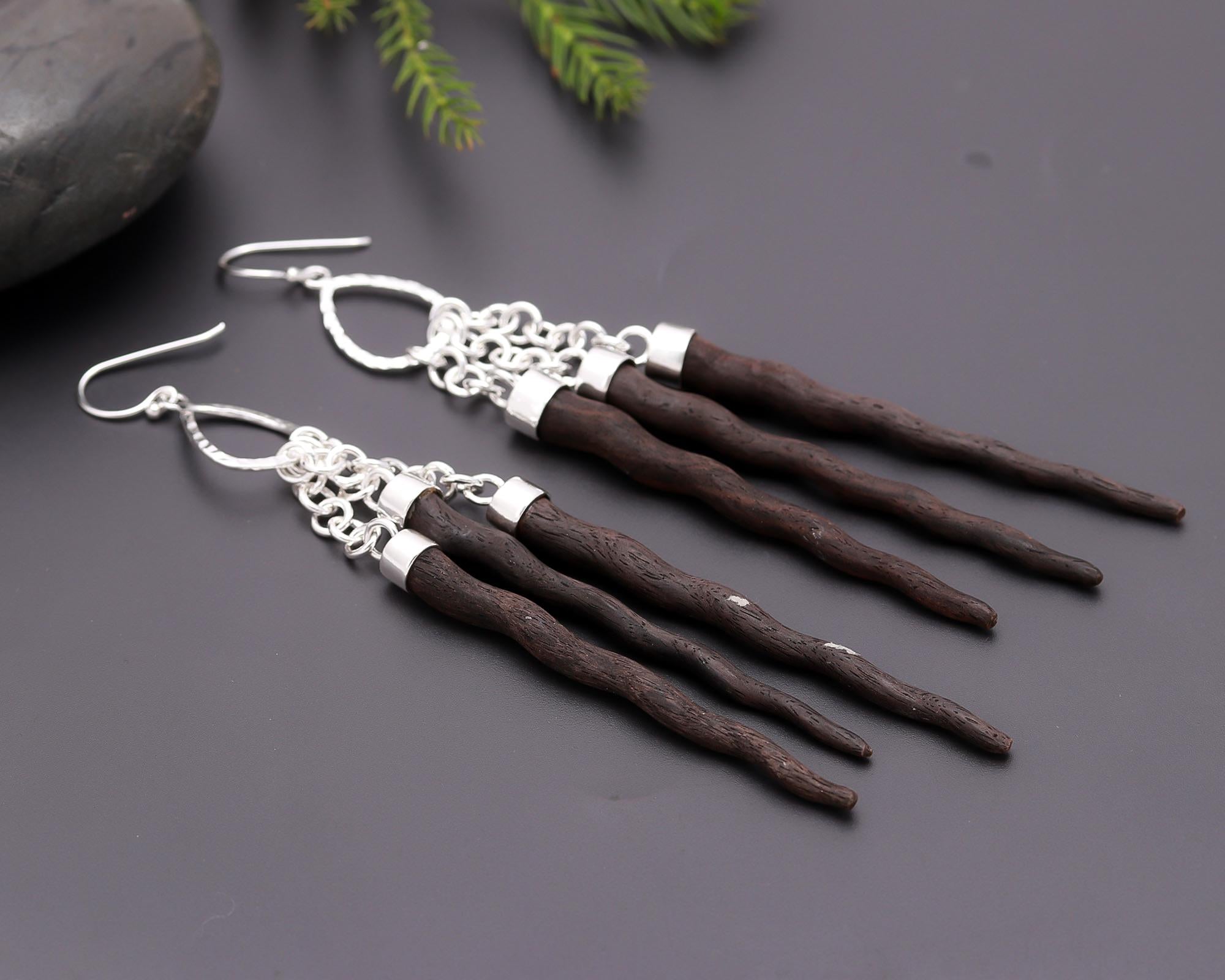 925 Silver Long Wood Stick Dangle Earrings