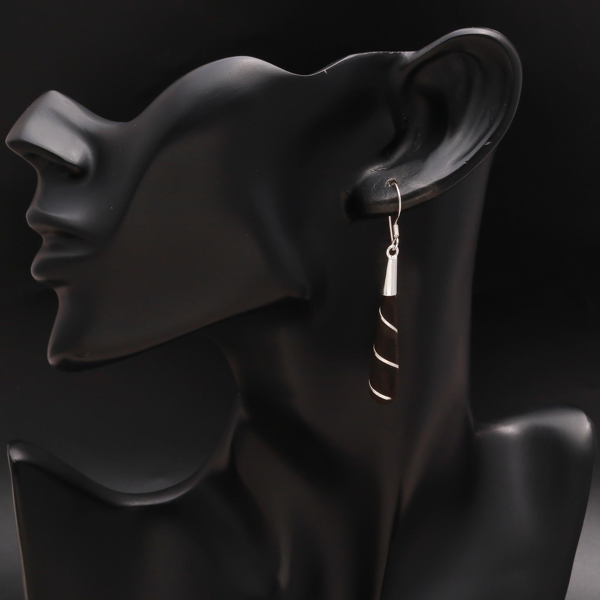 925 Silver and Wood Spiral Cone Dangle Earrings