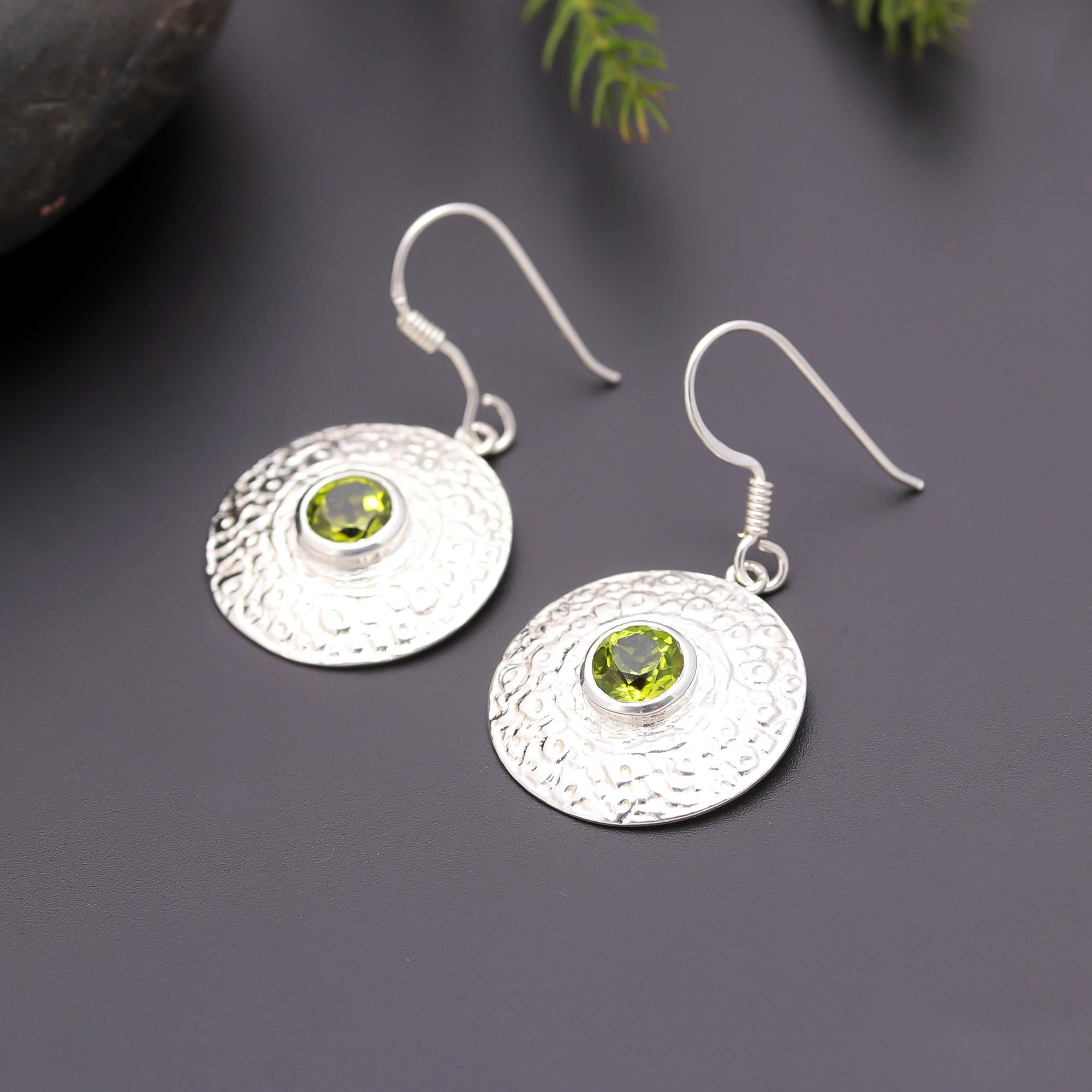 925 Silver Round Textured Peridot Dangle Earrings