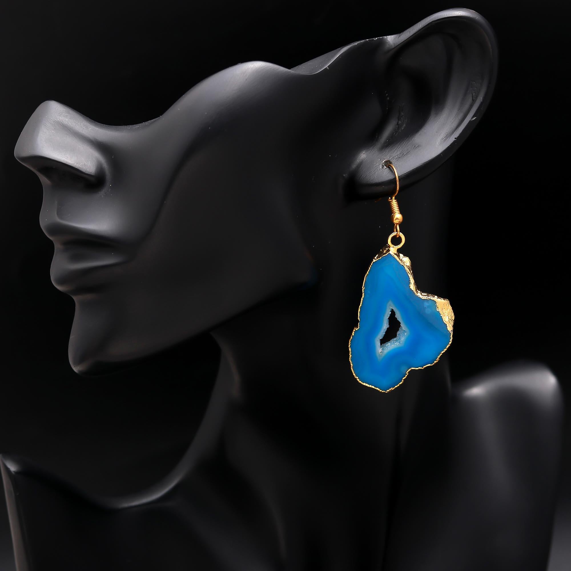 925 Silver Blue Agate Slice Dangle Earrings