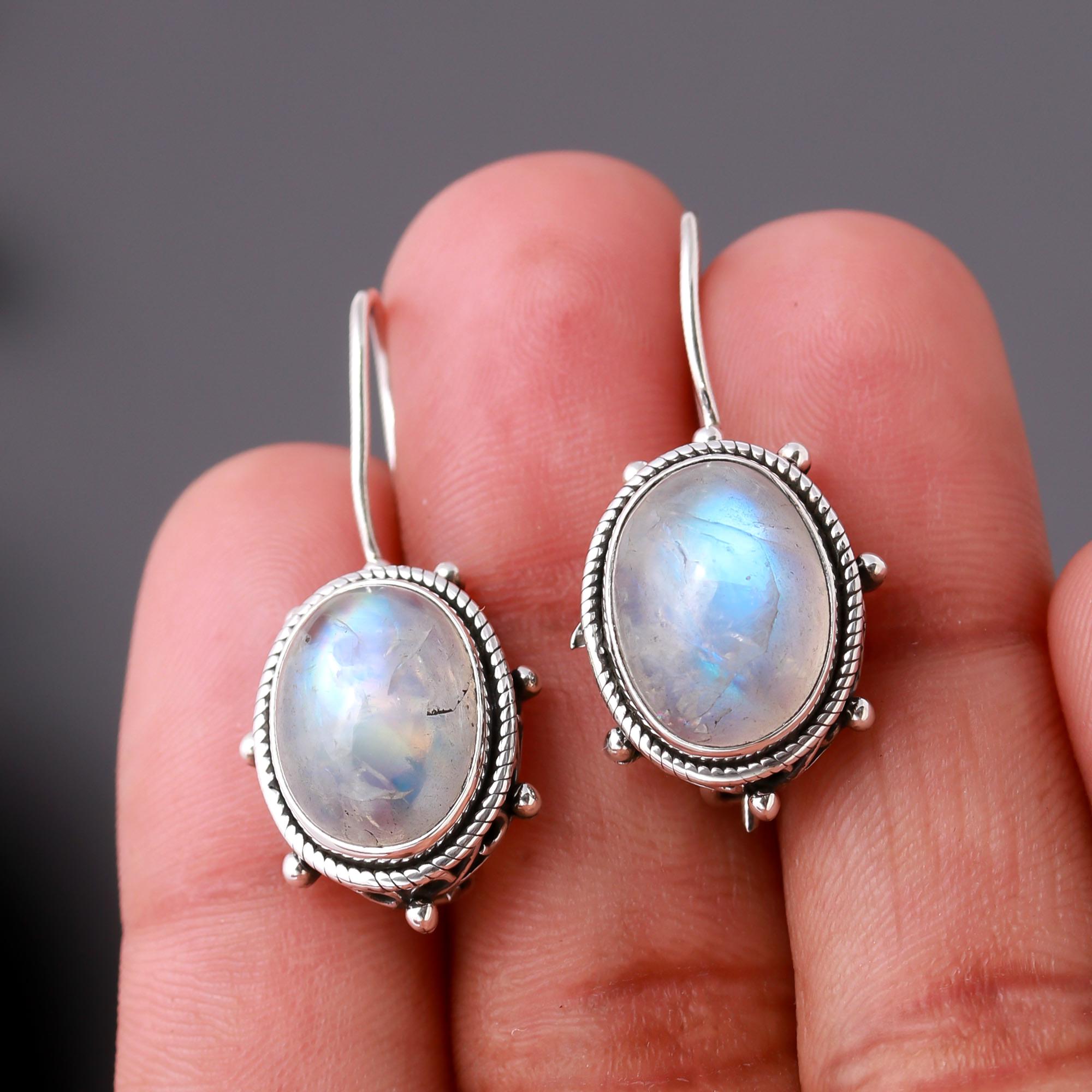925 Silver Moonstone Beaded Frame Dangle Earrings