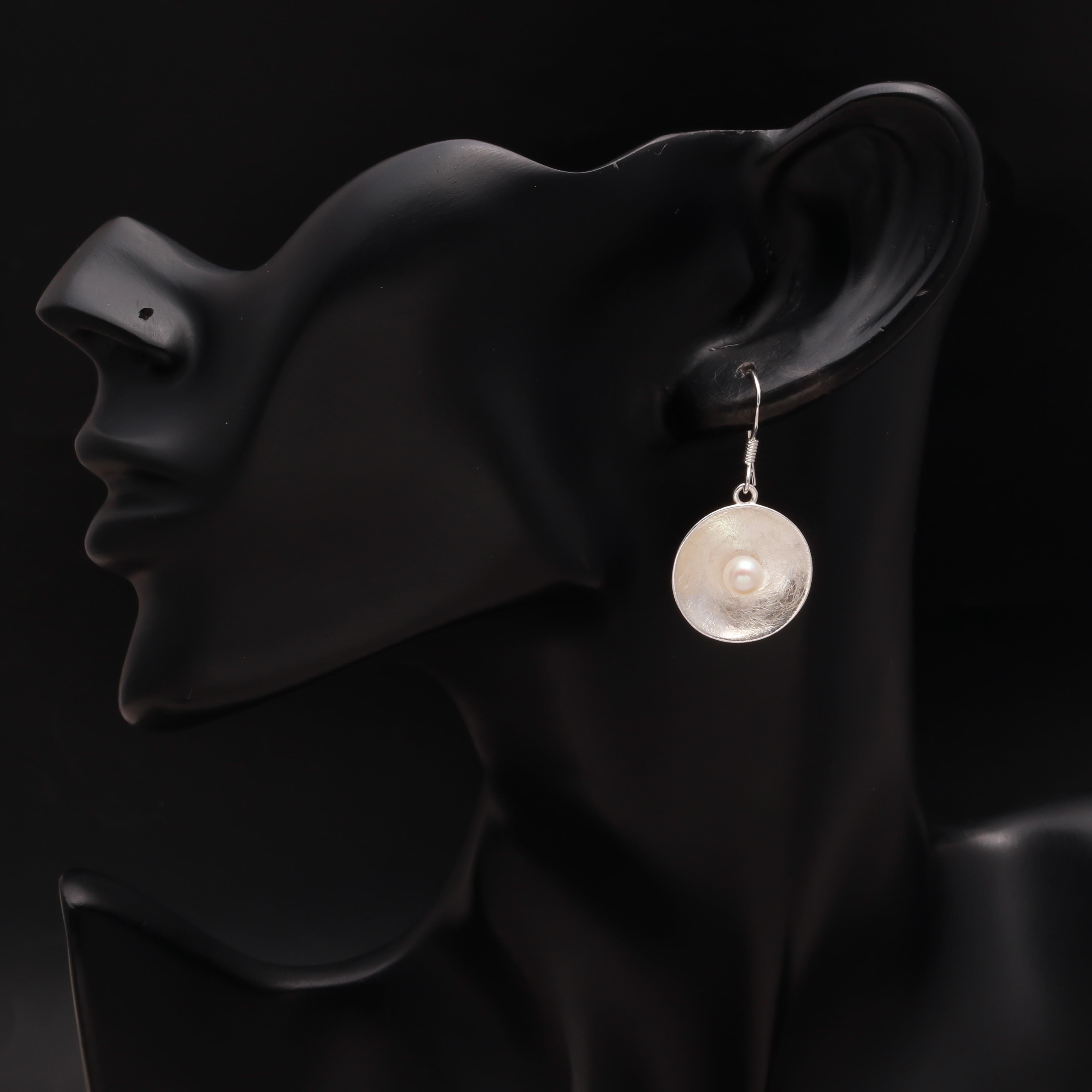 925 Silver Textured Dome Pearl Dangle Earrings