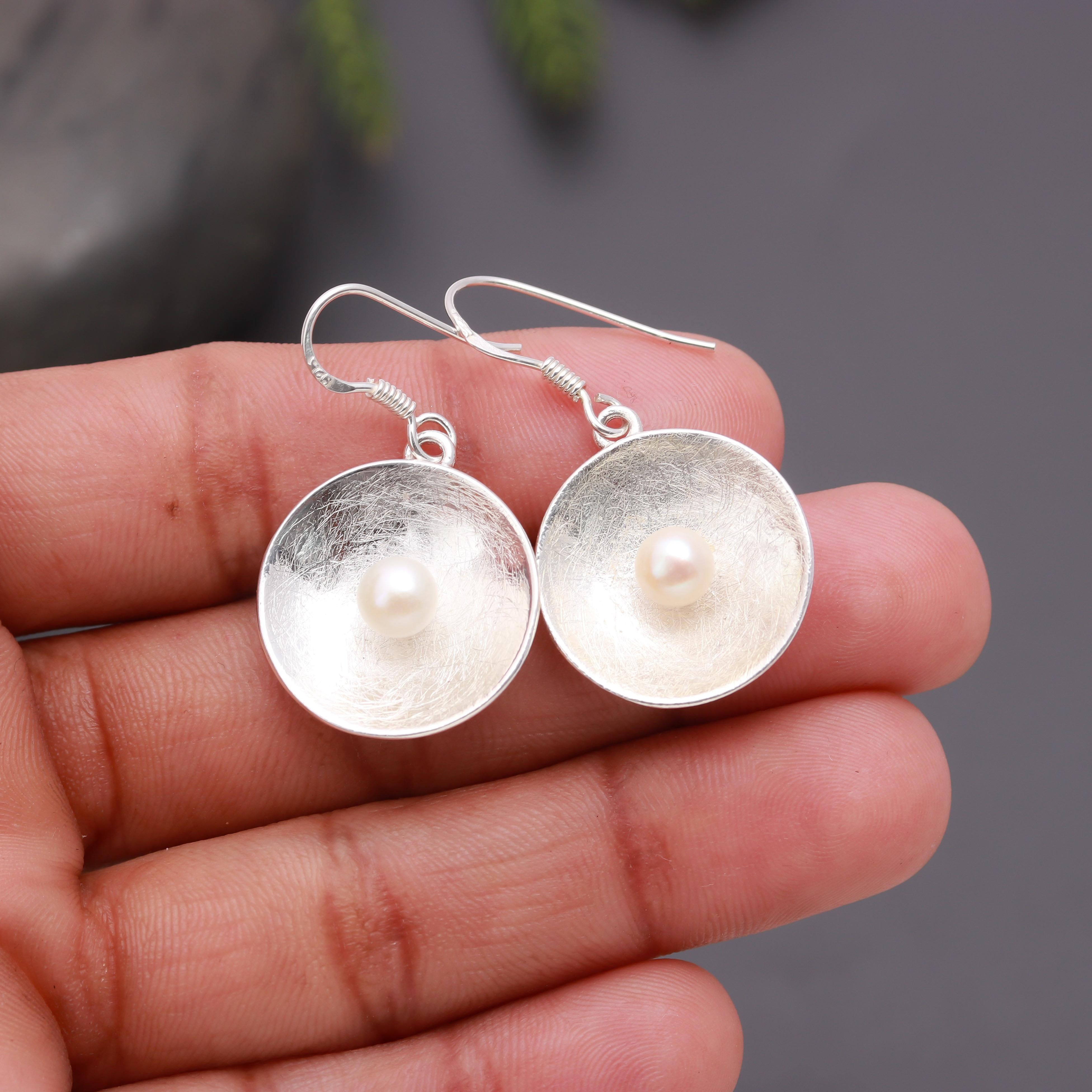 925 Silver Textured Dome Pearl Dangle Earrings