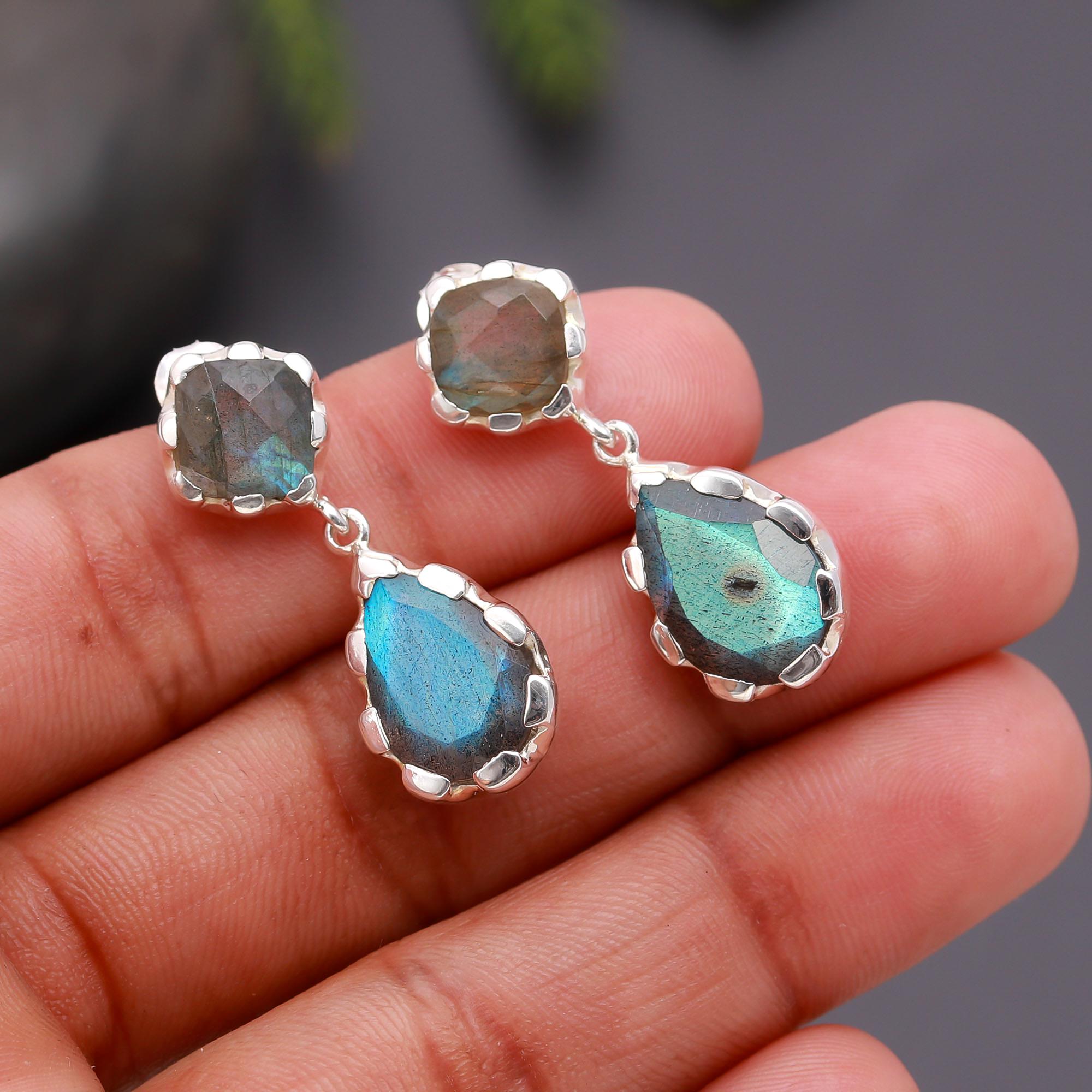 925 Silver Double Labradorite Drop Earrings