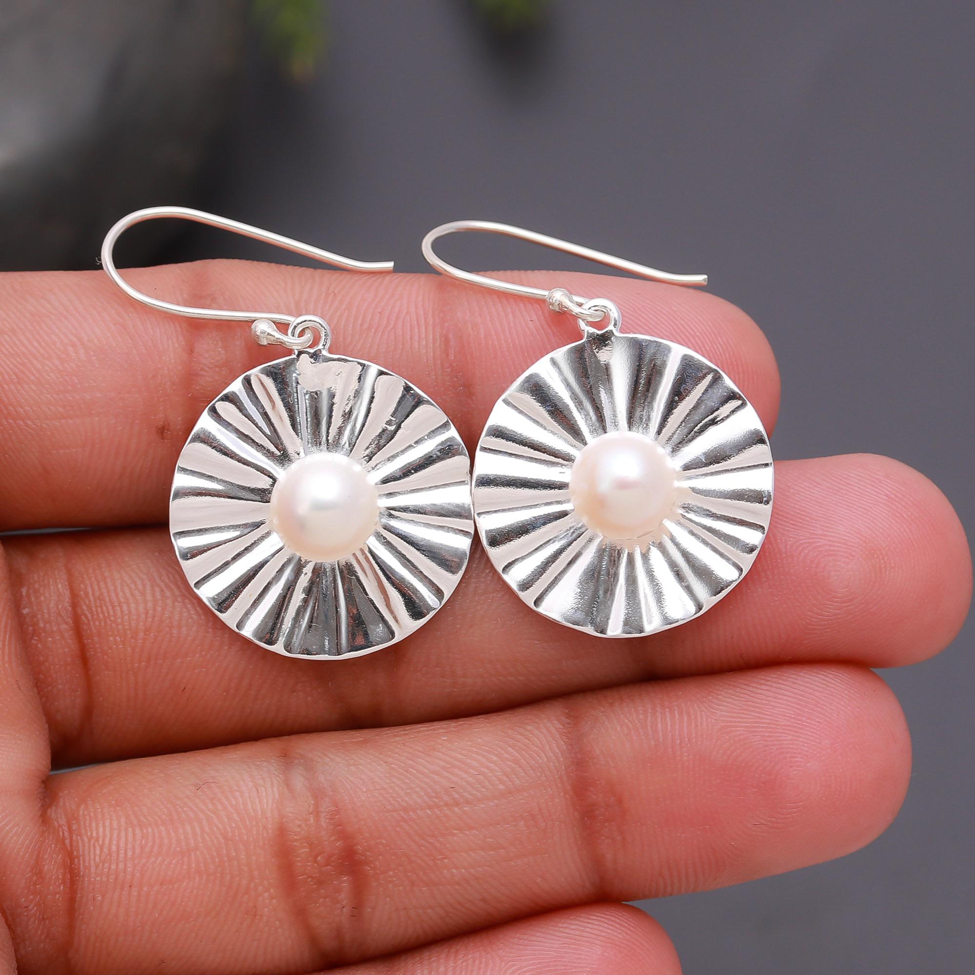 925 Silver Textured Round Pearl Dangle Earrings