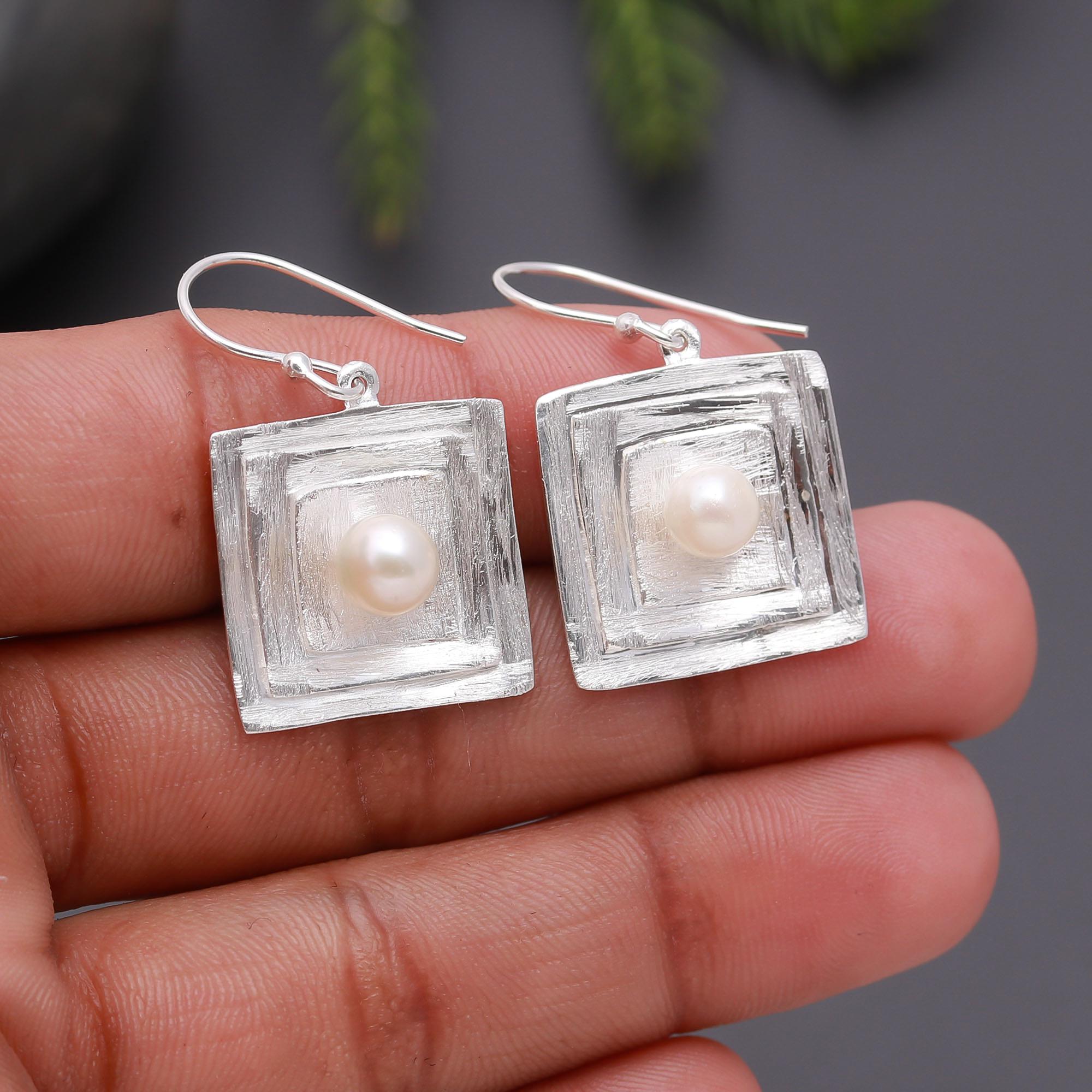 925 Silver Textured Square Pearl Dangle Earrings