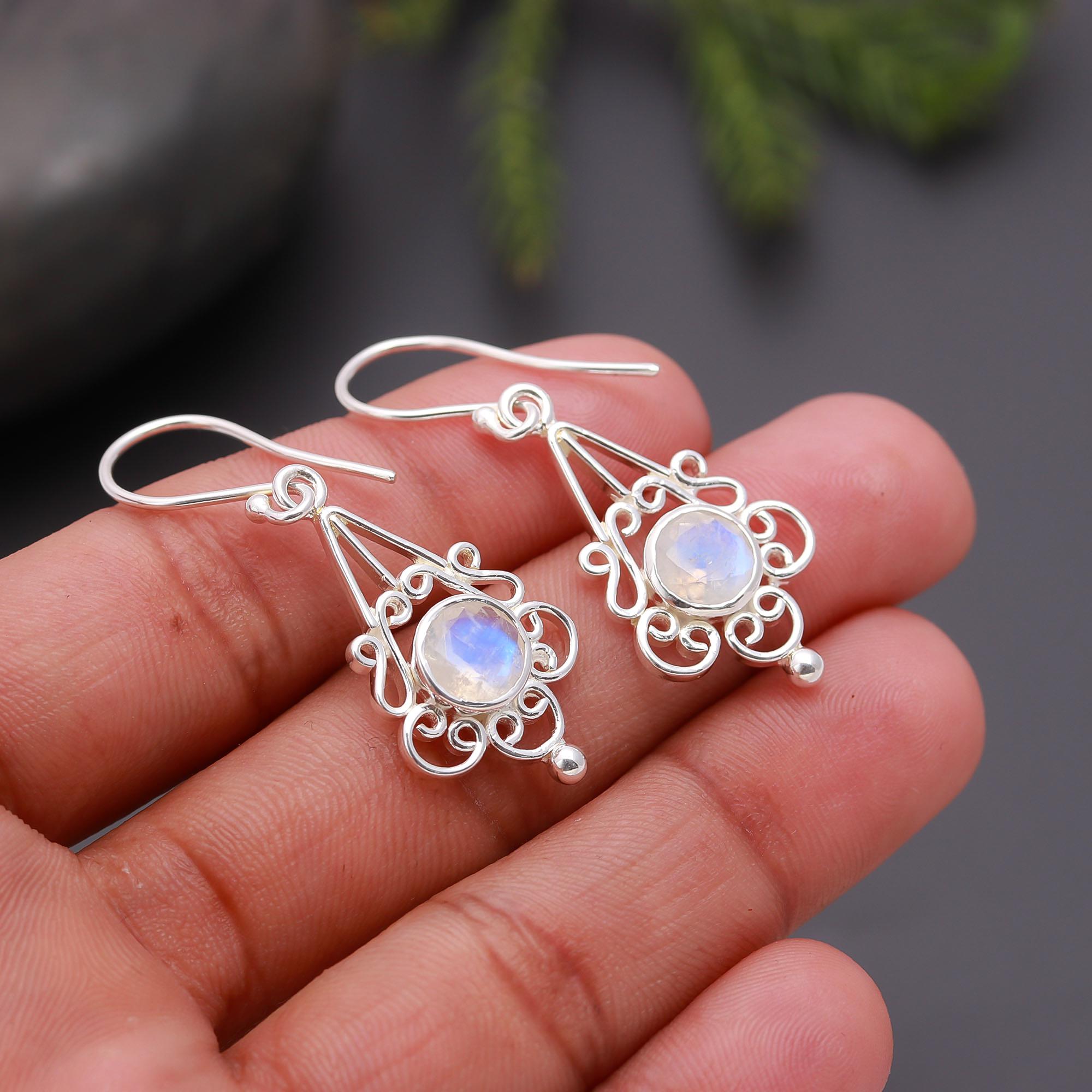 925 Silver Filigree Moonstone Dangle Earrings