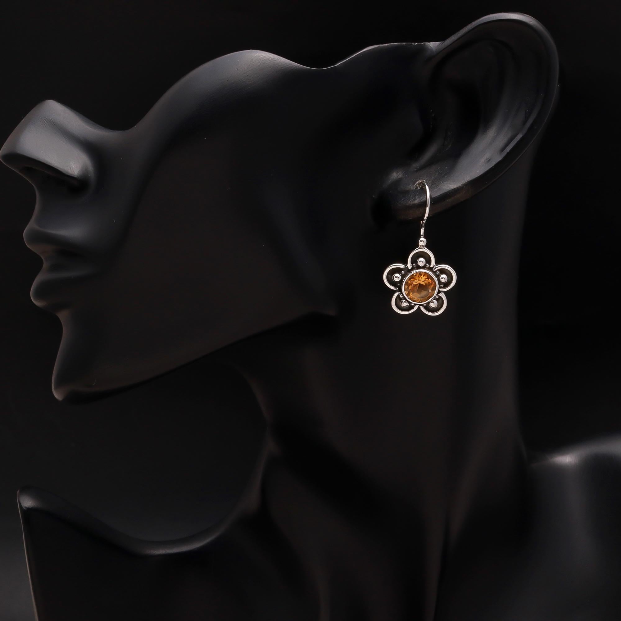 925 Silver Citrine Floral Dangle Earrings