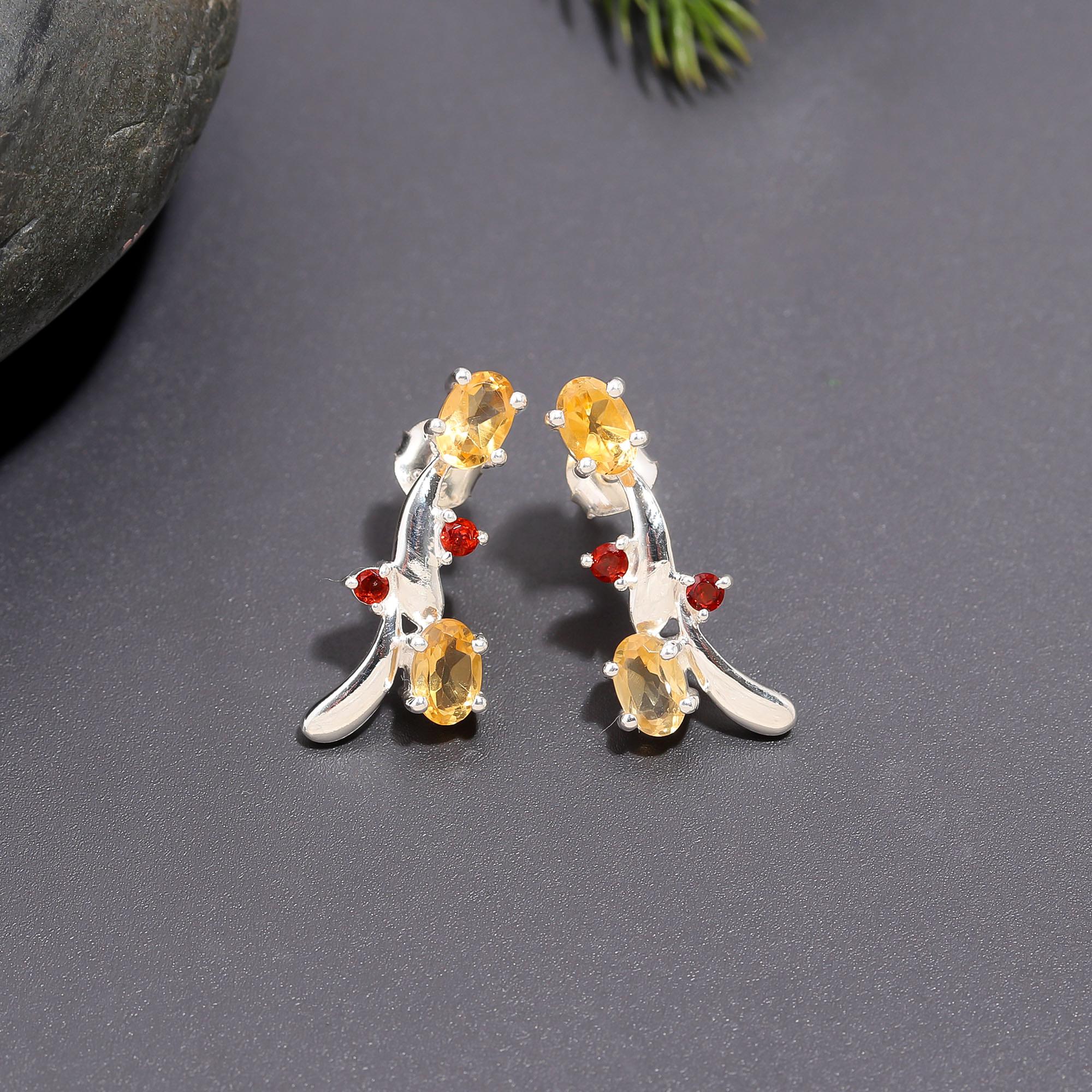 925 Silver Citrine and Garnet Cluster Stud Earrings