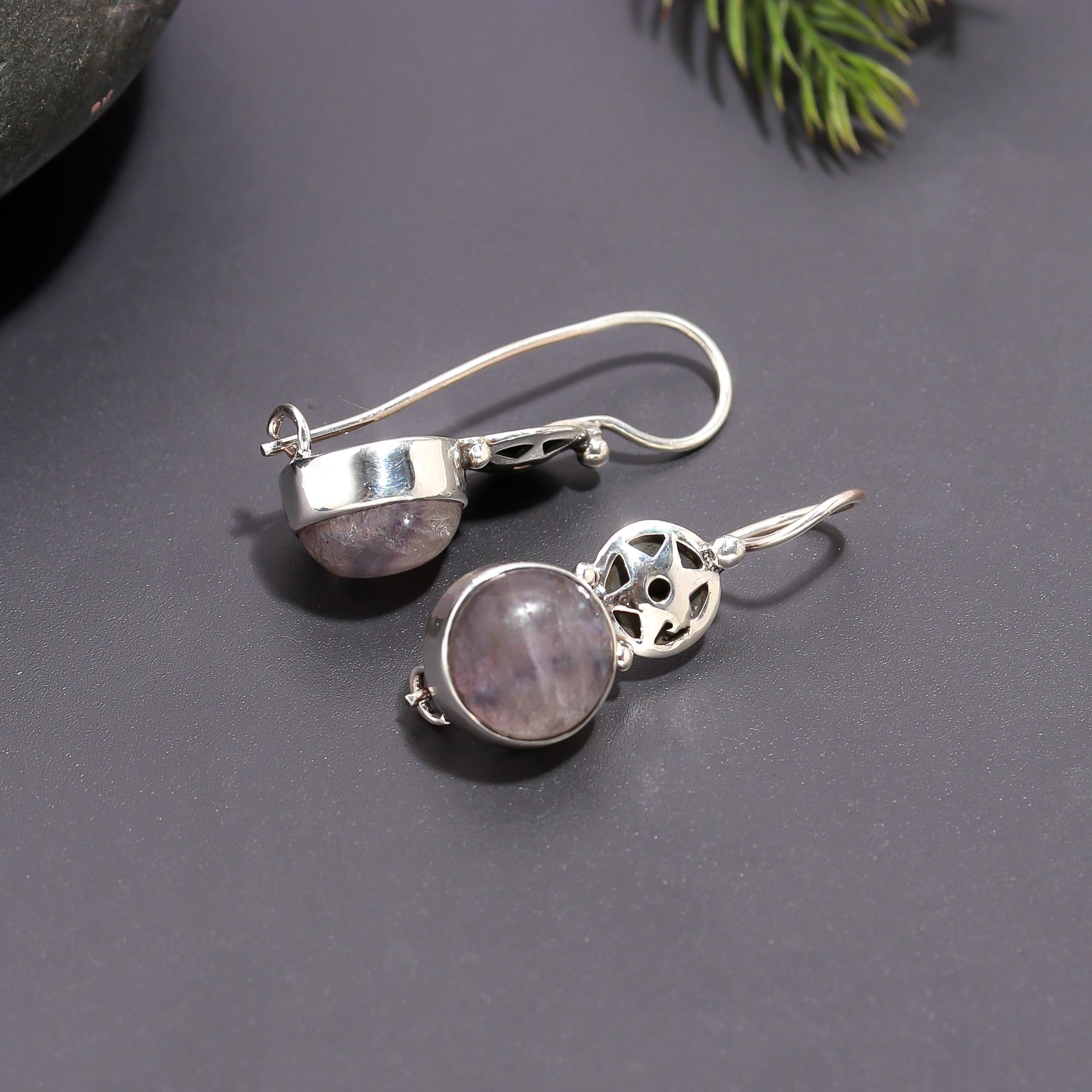 925 Silver Round Fluorite Dangle Earrings