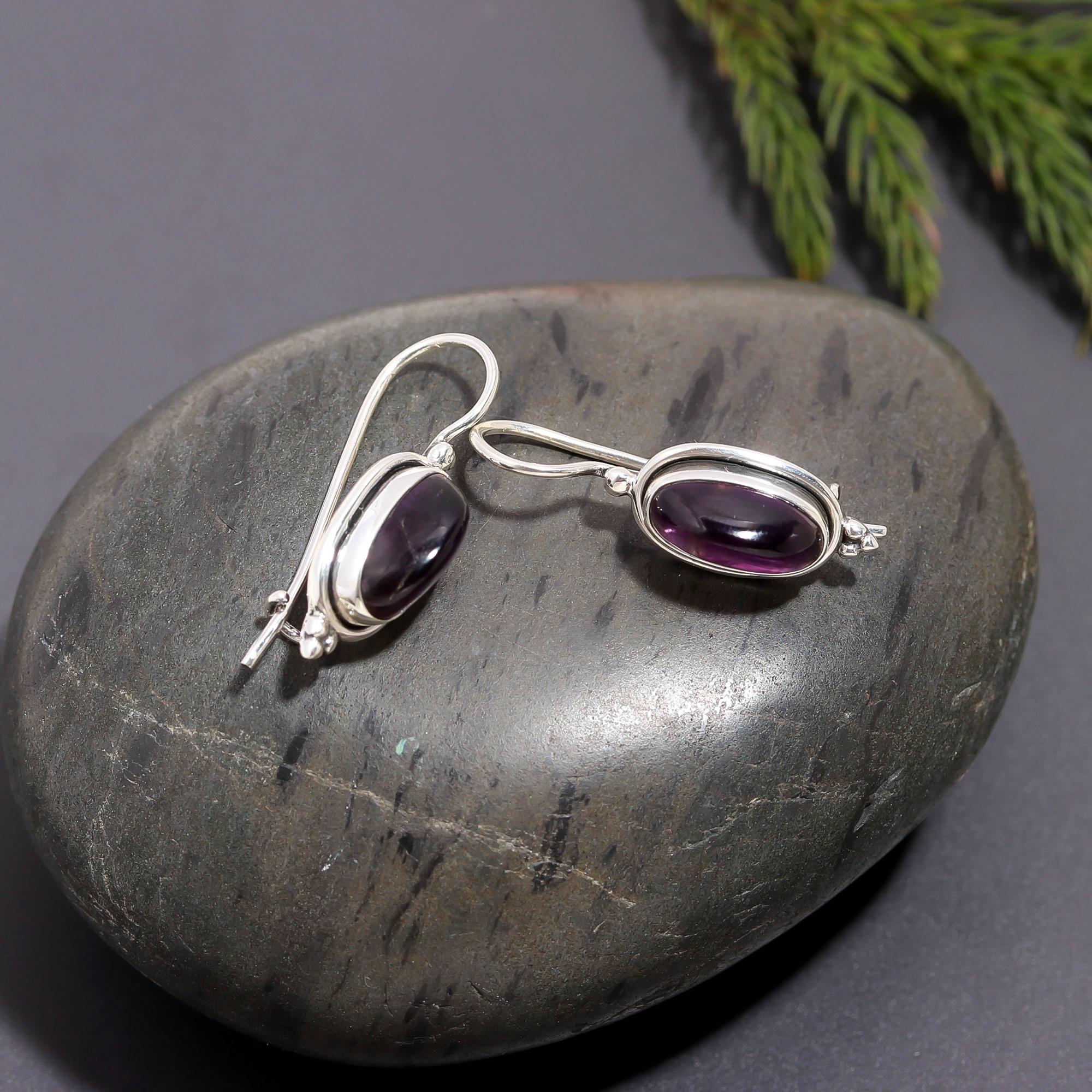 925 Silver Oval Garnet Dangle Earrings