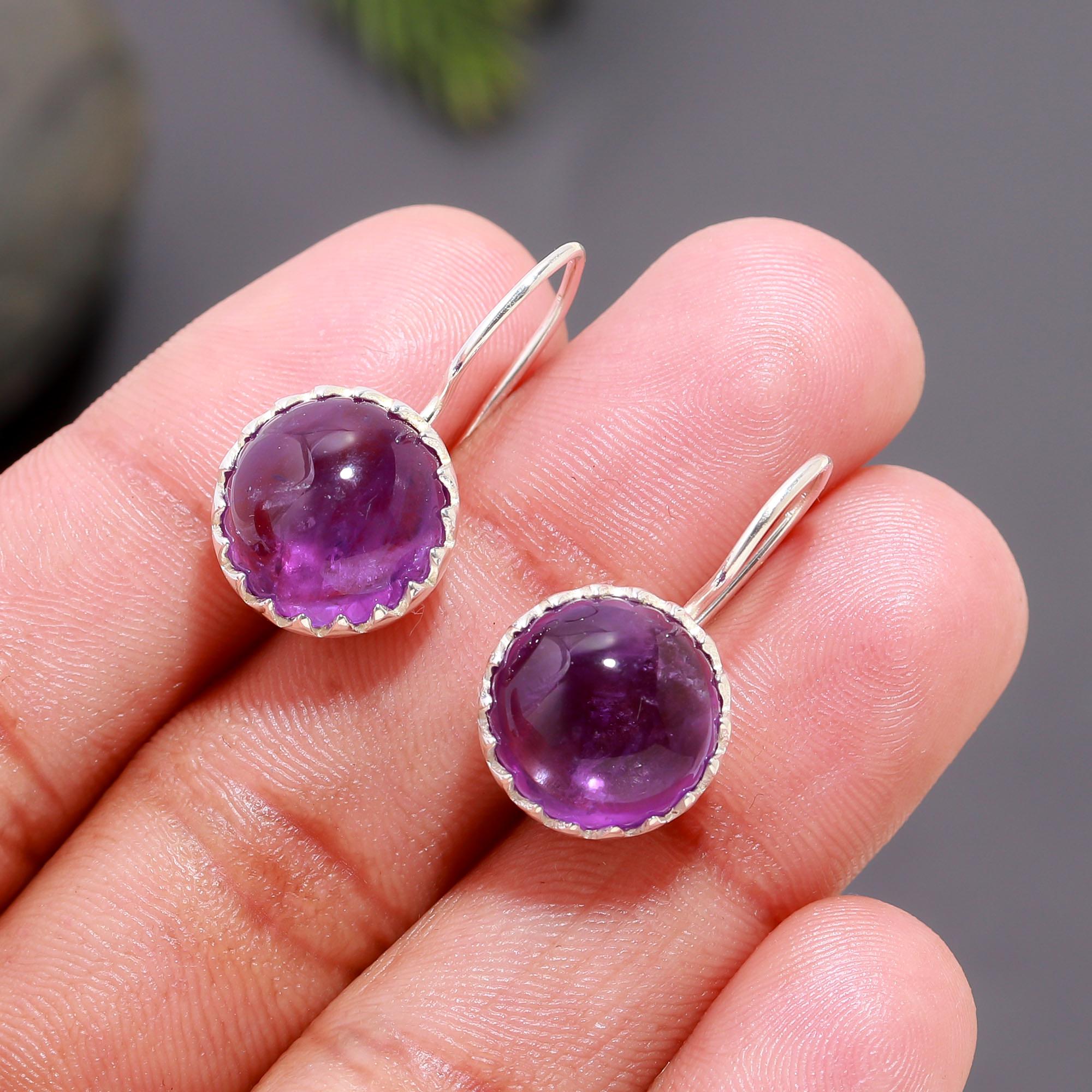 925 Silver Round Amethyst Dangle Earrings