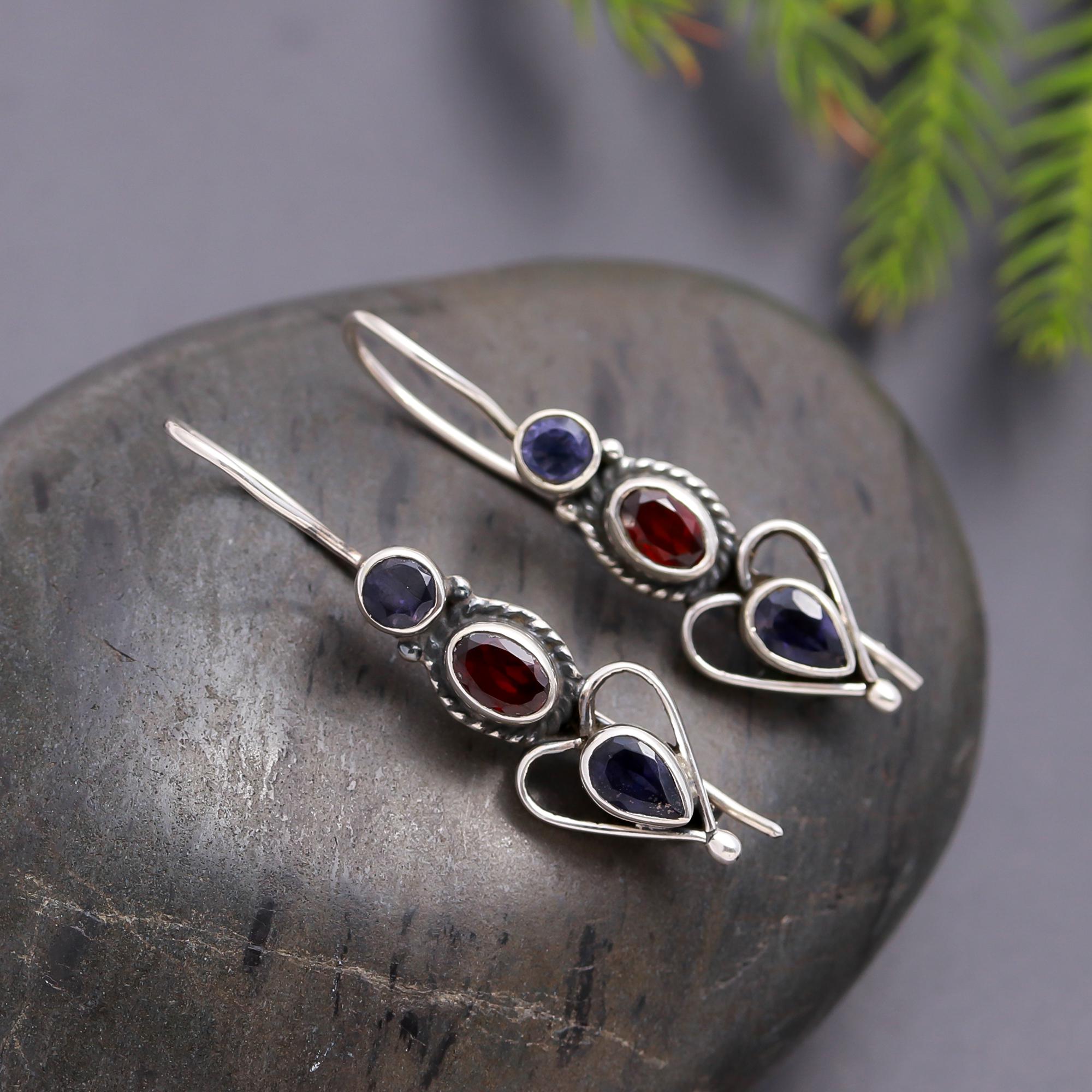 925 Silver Garnet and Iolite Dangle Earrings