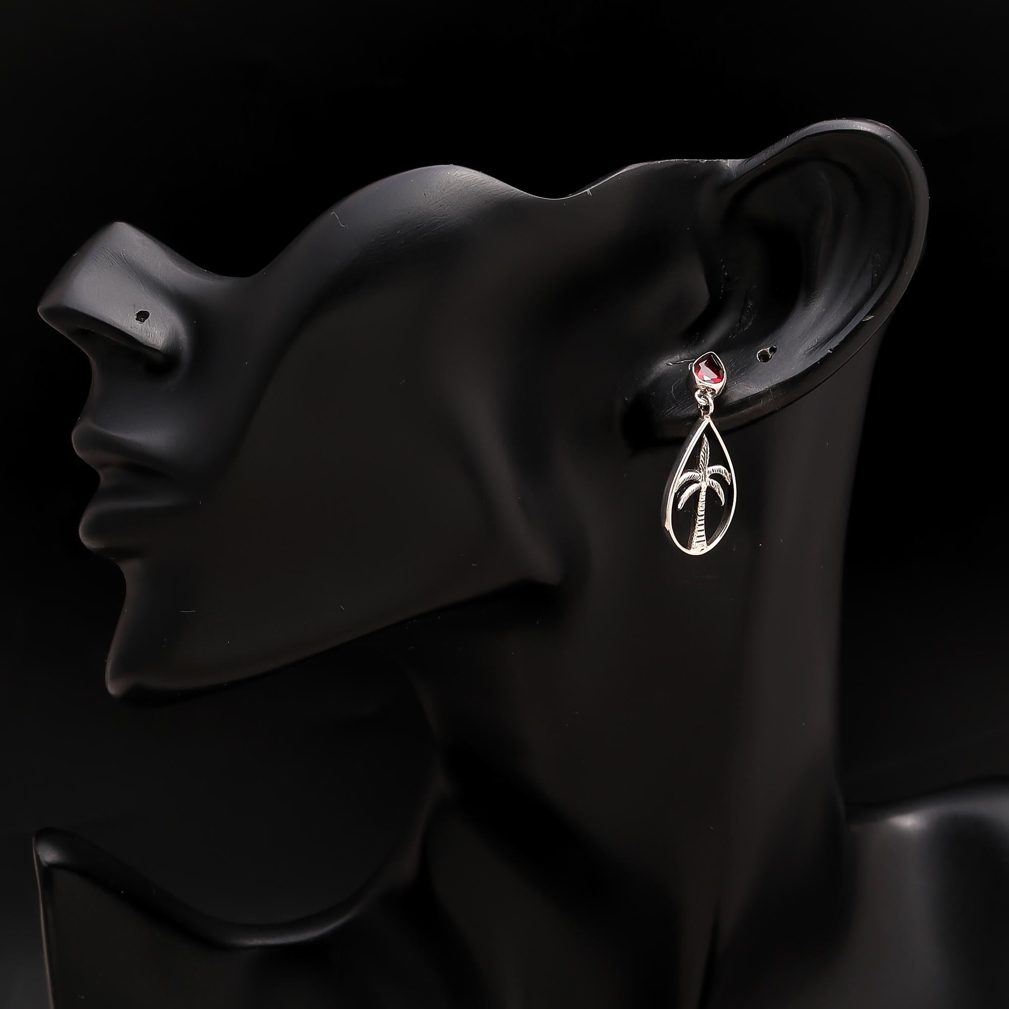 925 Silver Palm Tree Garnet Drop Earrings