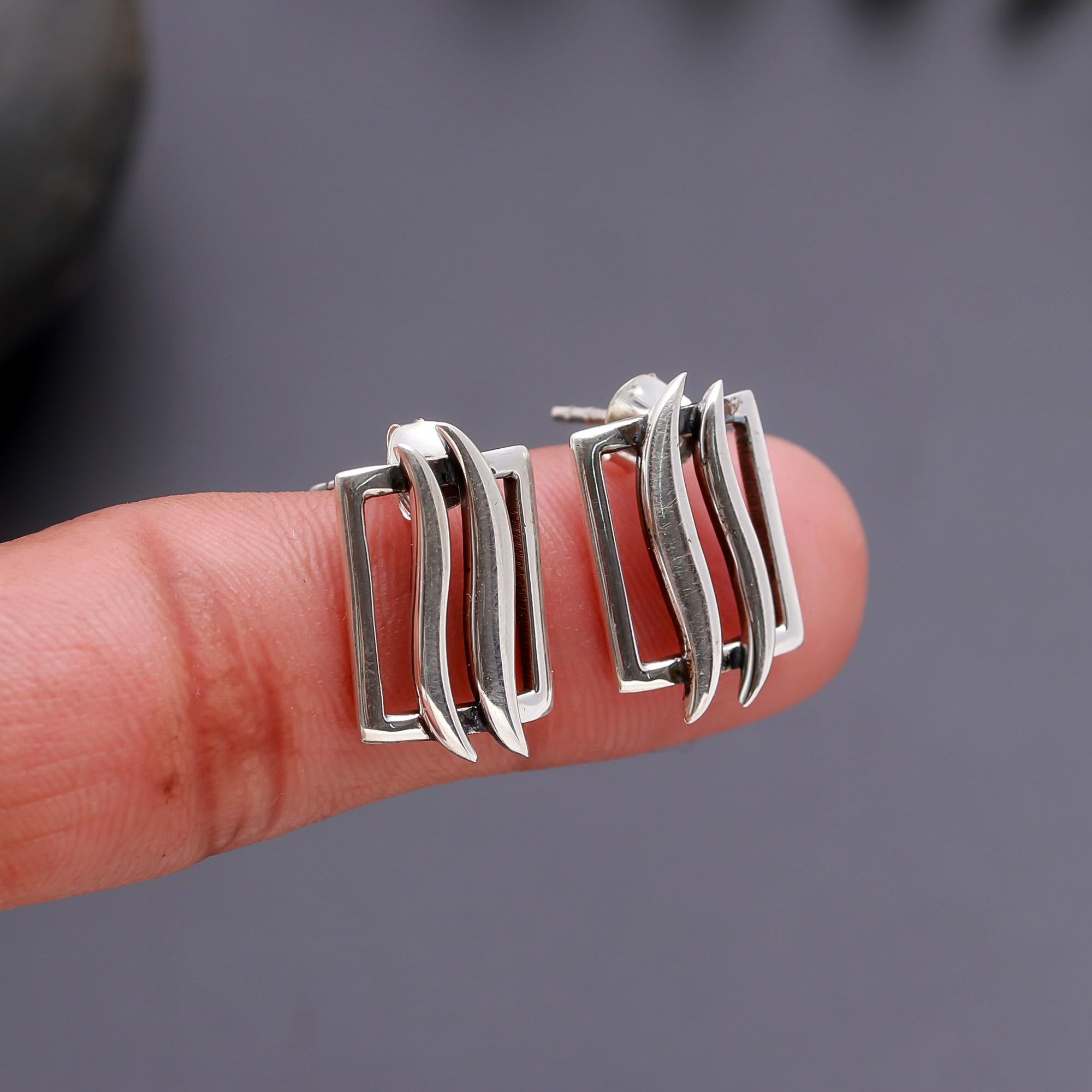 925 Silver Abstract Rectangle Stud Earrings