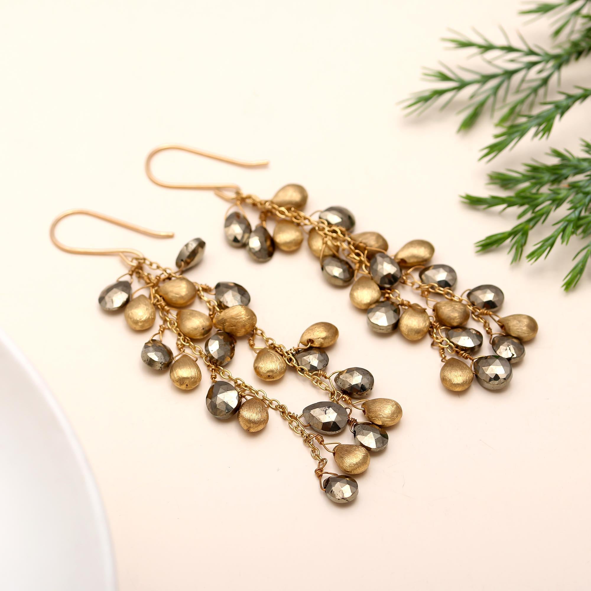 The Gilded Shadow: Pyrite Gold Cluster Earrings