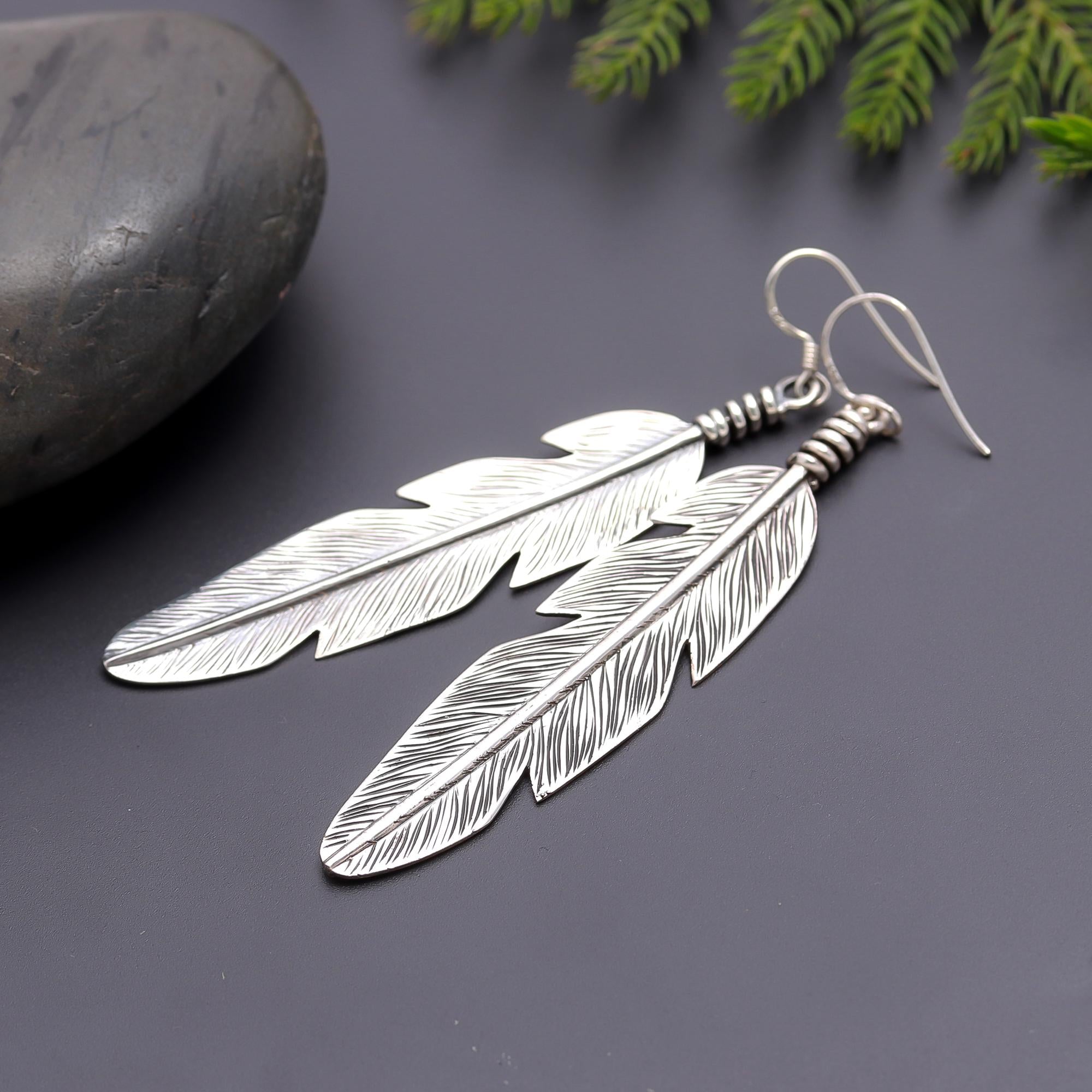 925 Silver Long Feather Dangle Earrings