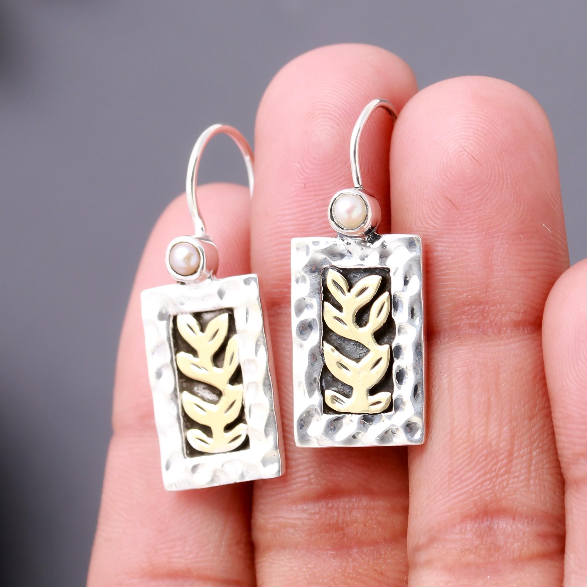 925 Silver Leaf Design Rectangle Dangle Earrings
