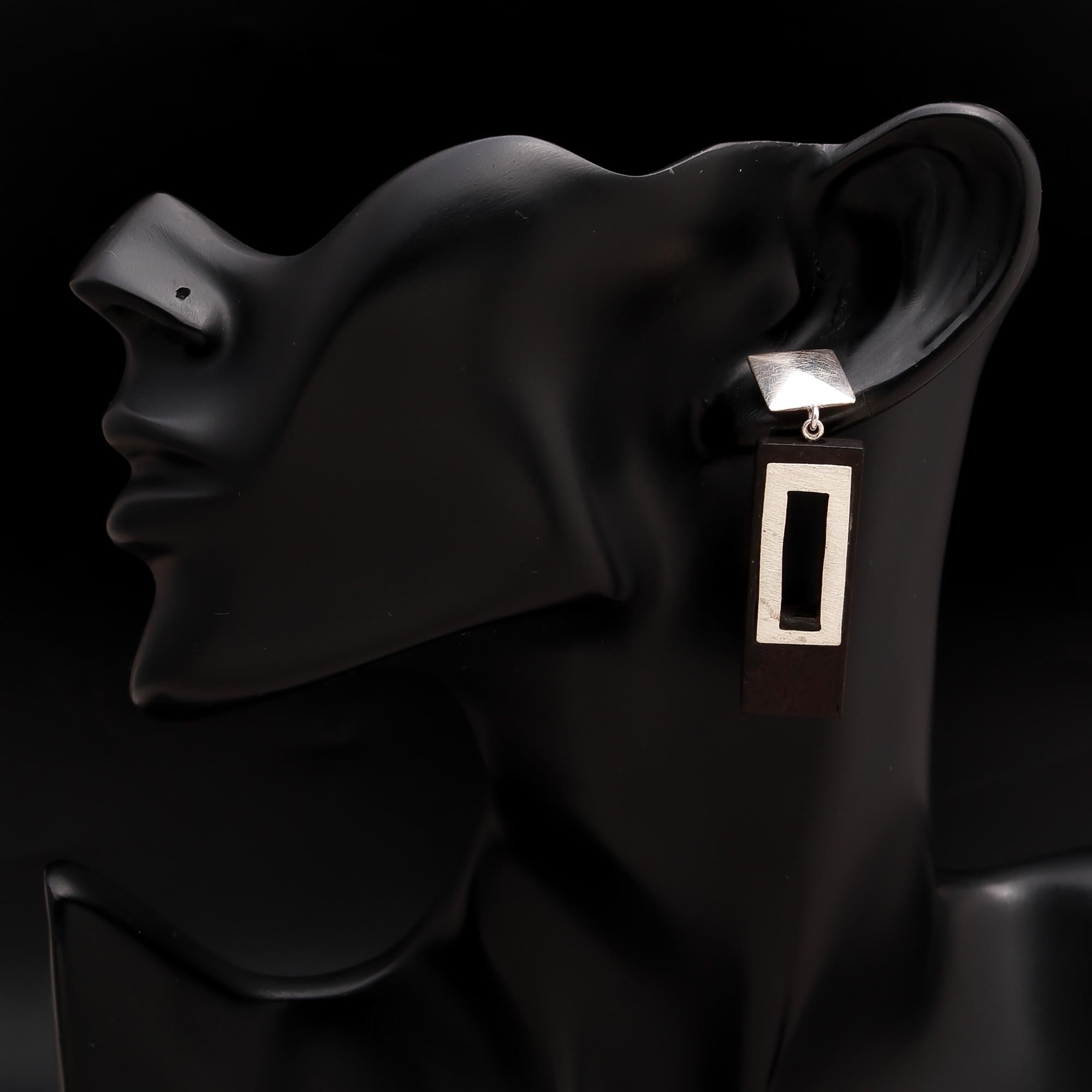 925 Silver and Wood Rectangle Drop Earrings