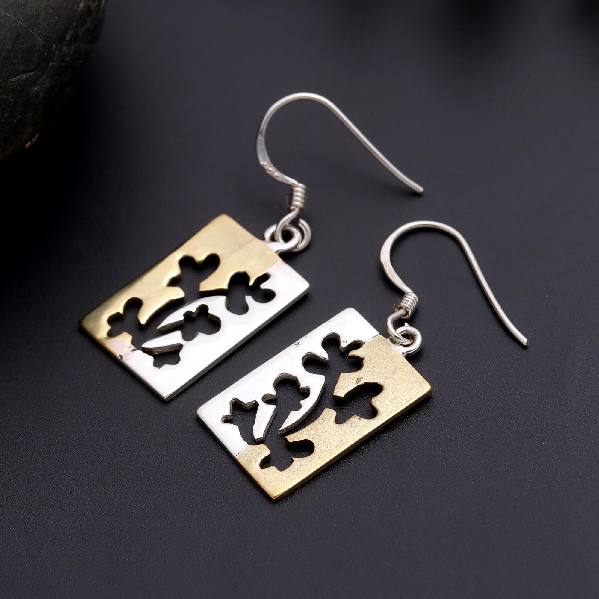 925 Silver Rectangle Floral Dangle Earrings