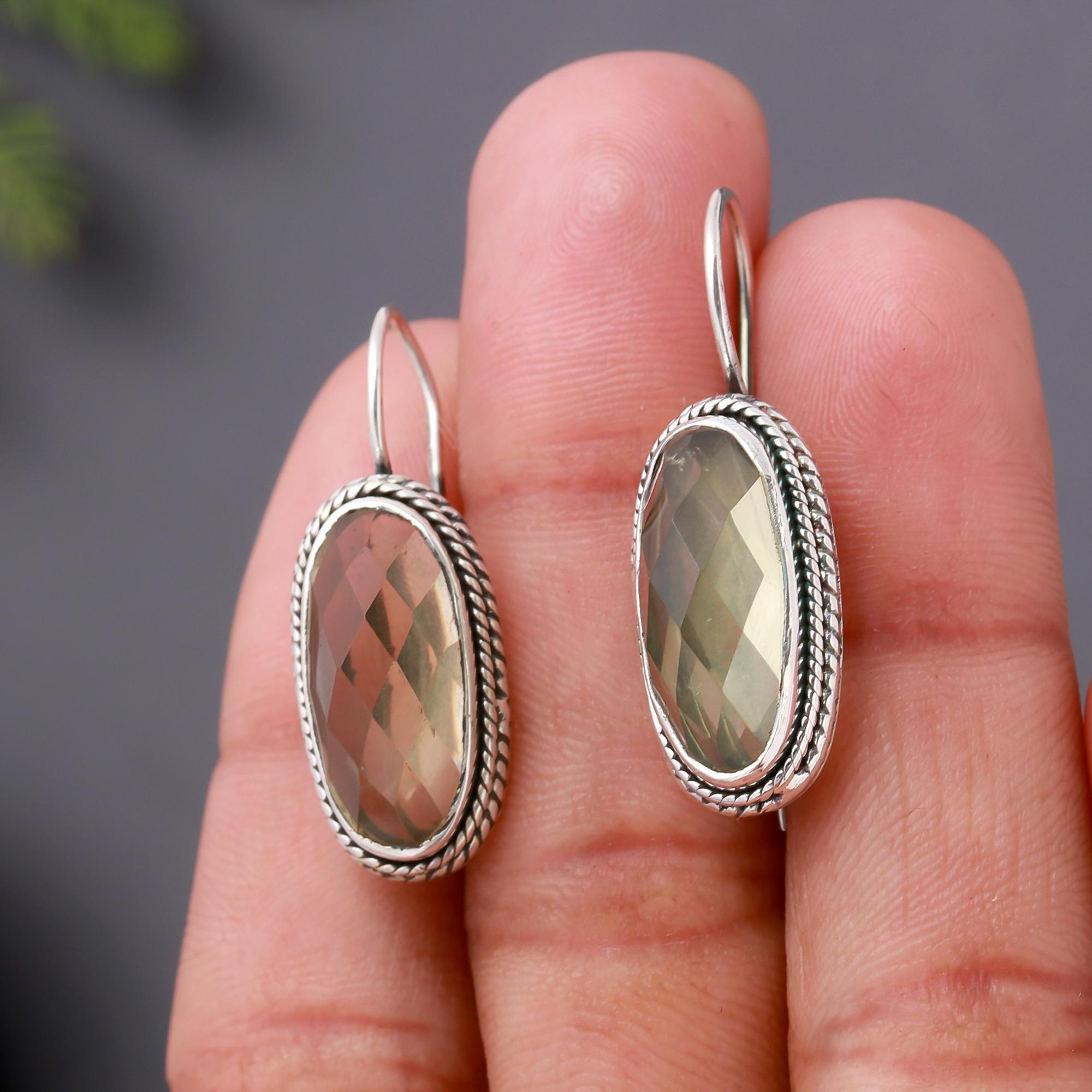 925 Silver Green Amethyst Dangle Earrings