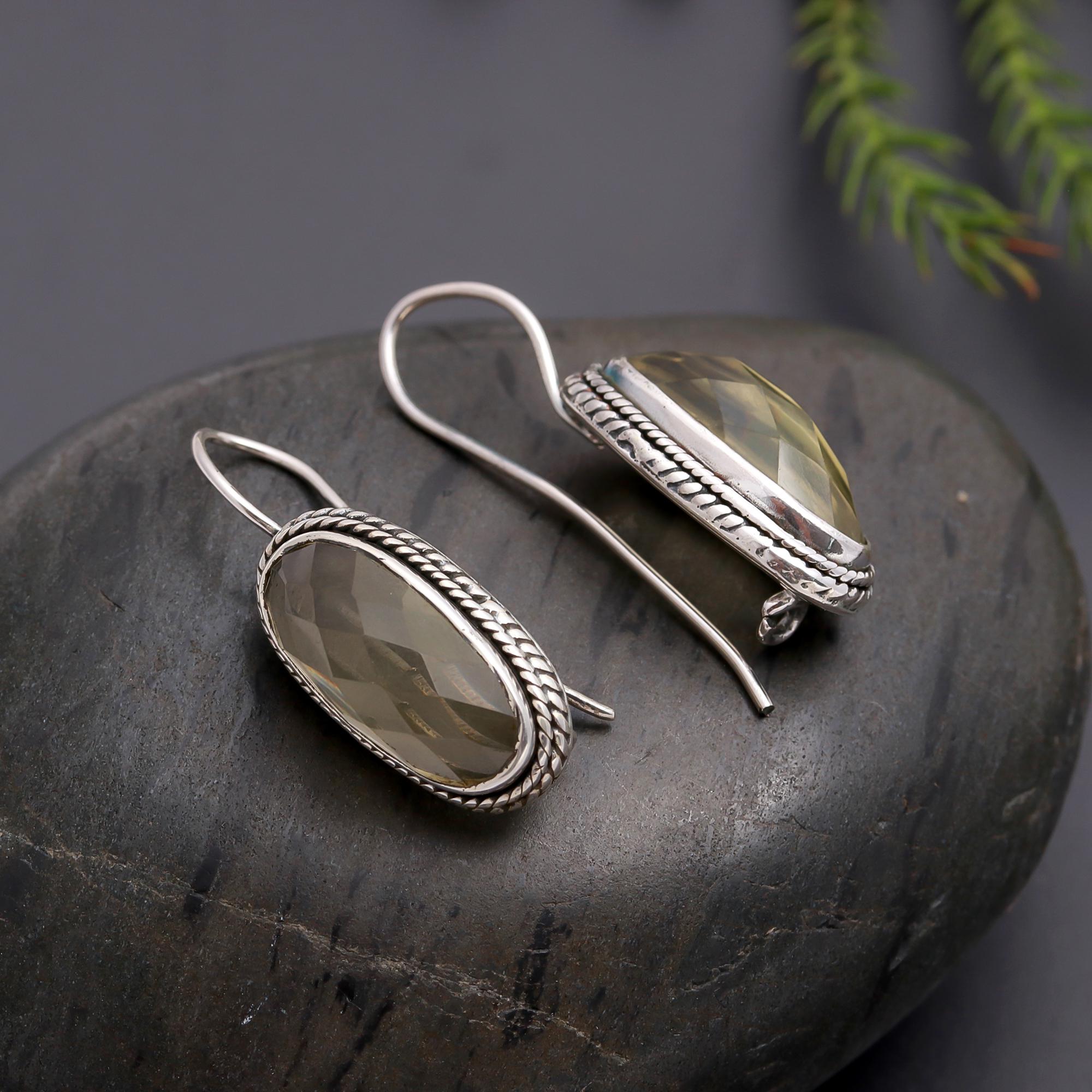 925 Silver Green Amethyst Dangle Earrings