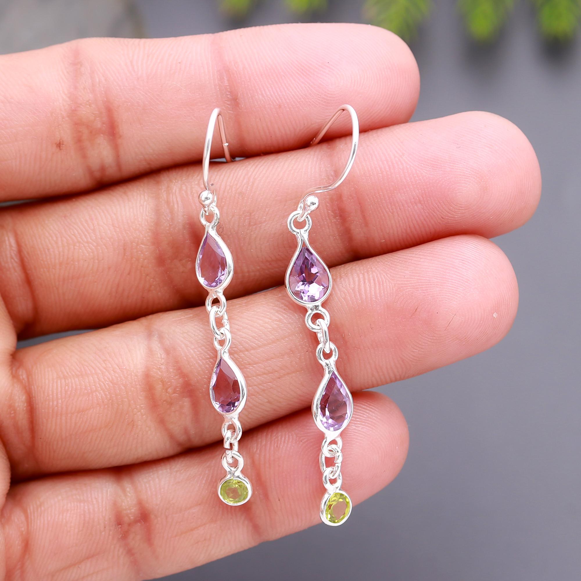 925 Silver Amethyst and Peridot Long Dangle Earrings