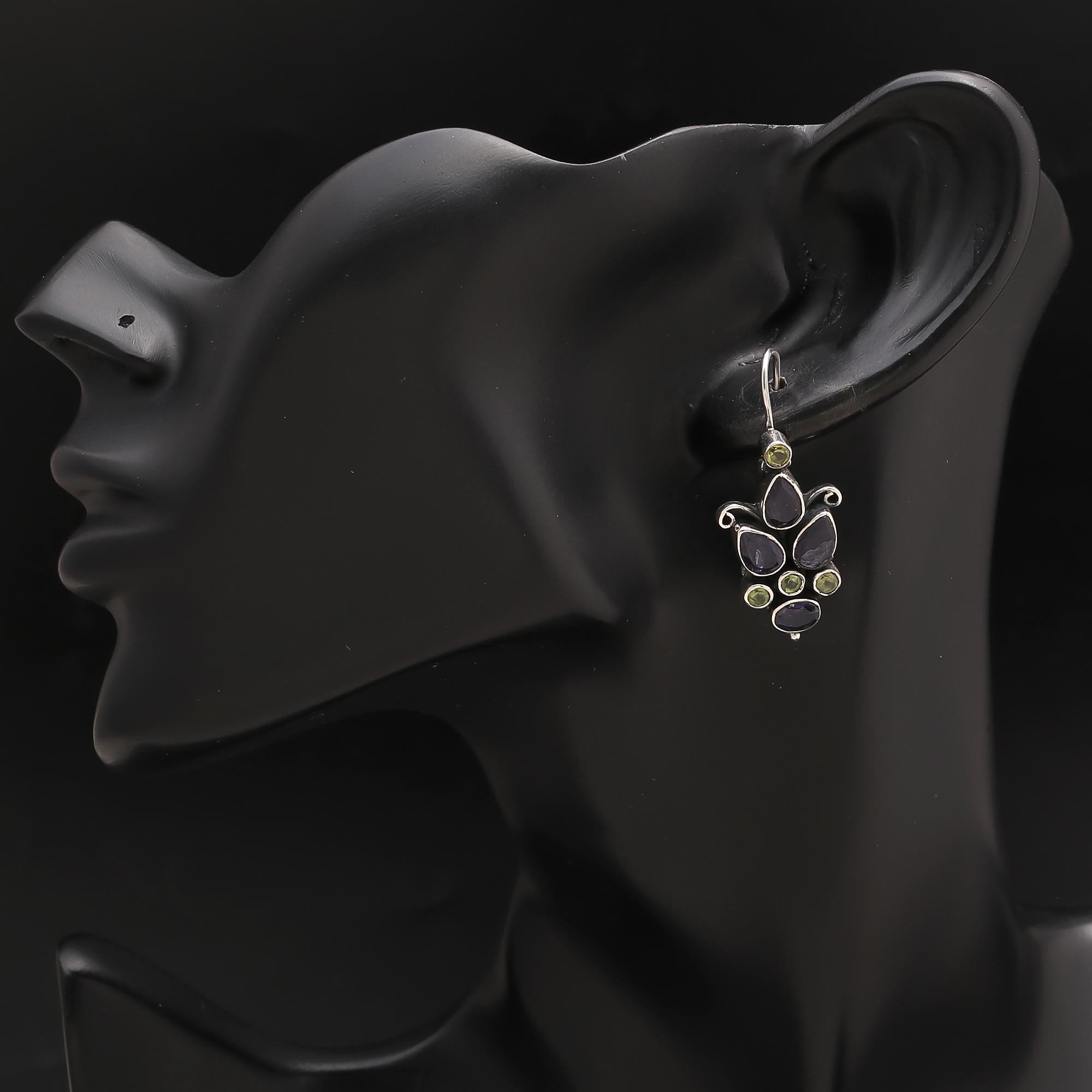 925 Silver Iolite and Peridot Dangle Earrings