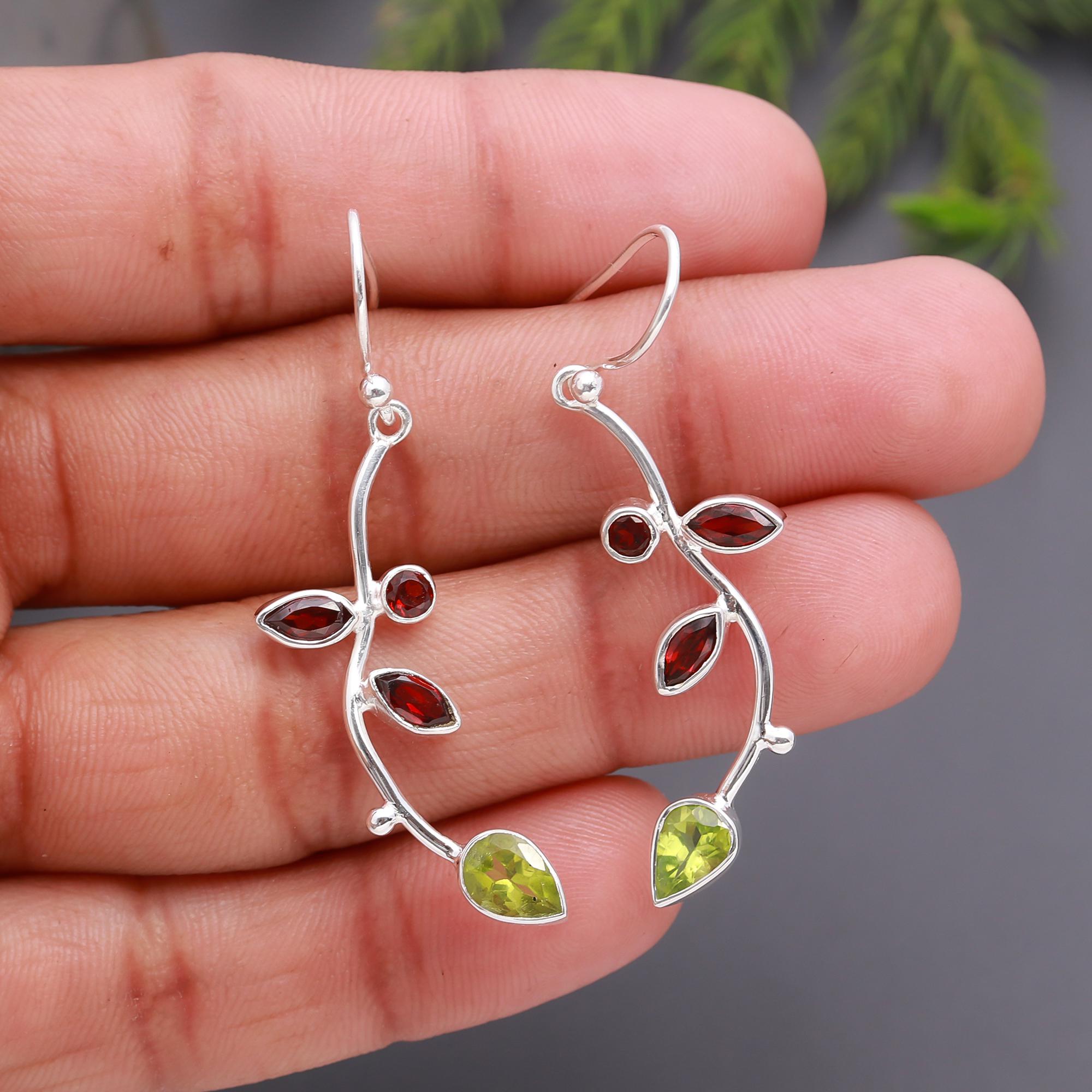 925 Silver Peridot and Garnet Leaf Dangle Earrings