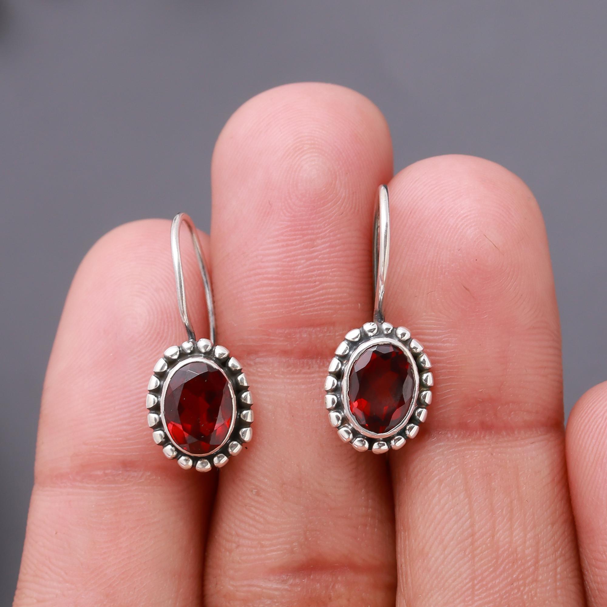 925 Silver Garnet Dangle Earrings