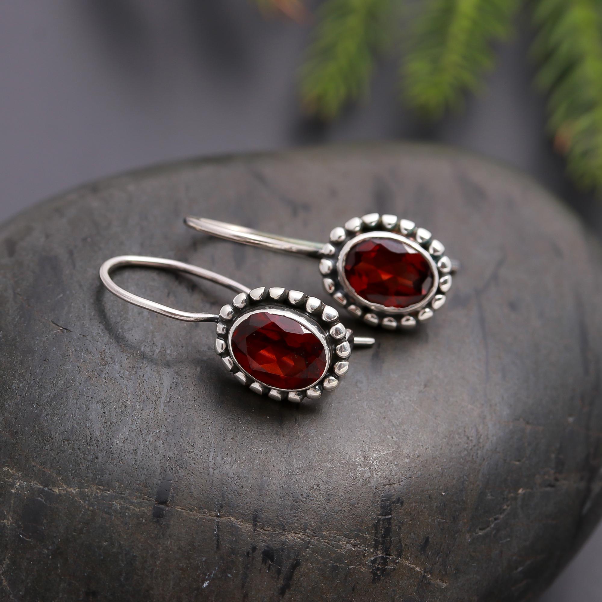 925 Silver Garnet Dangle Earrings
