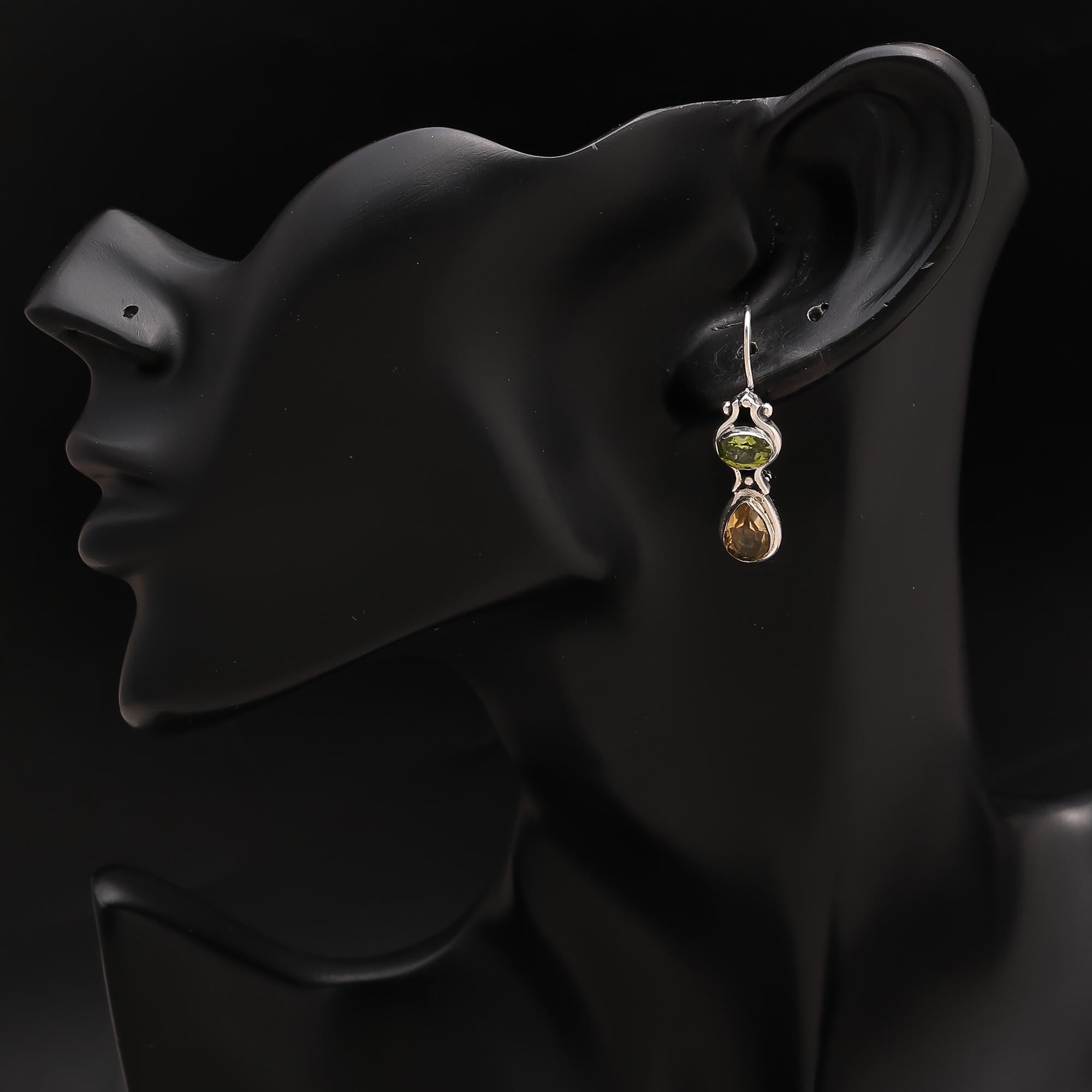 925 Silver Peridot and Smoky Quartz Dangle Earrings