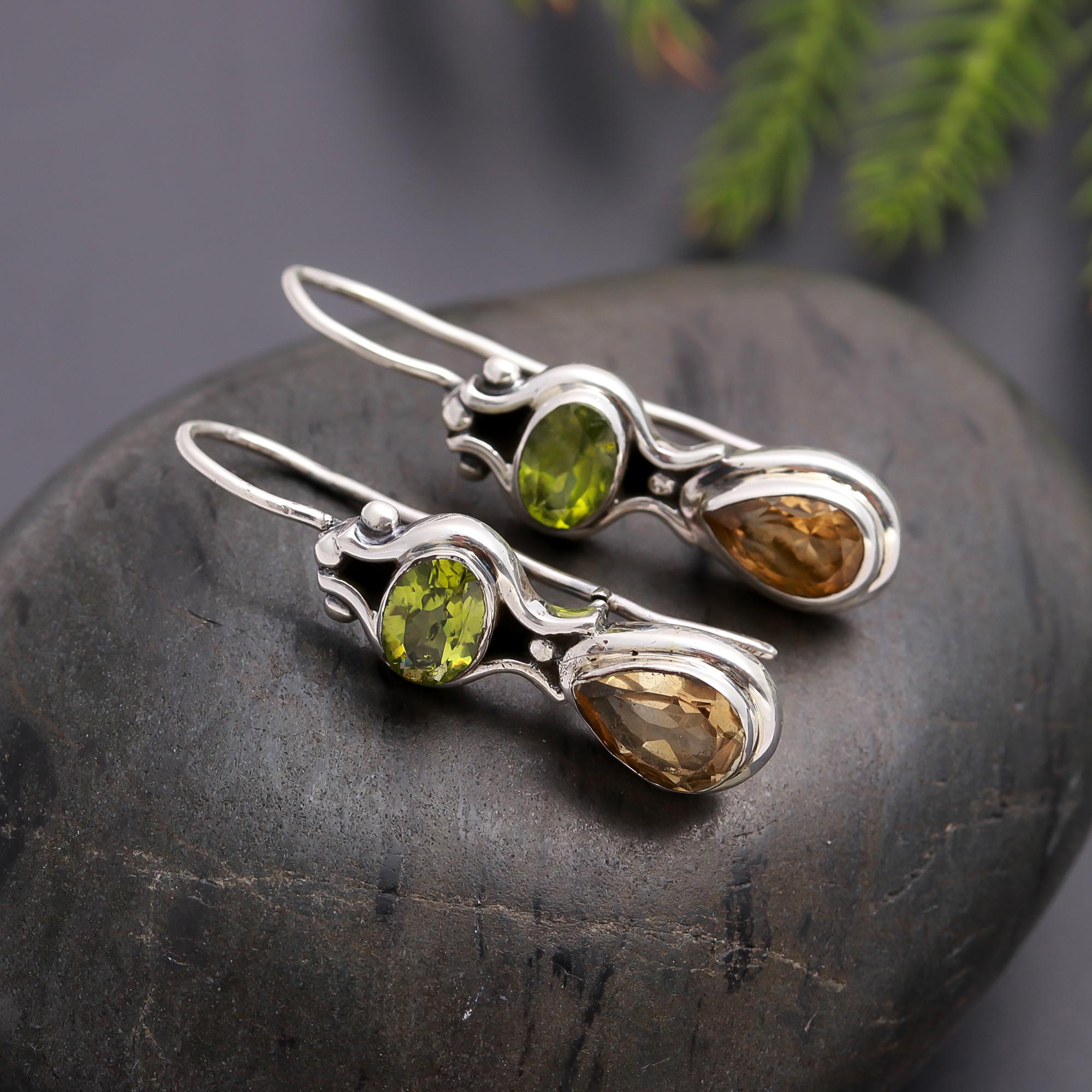 925 Silver Peridot and Smoky Quartz Dangle Earrings