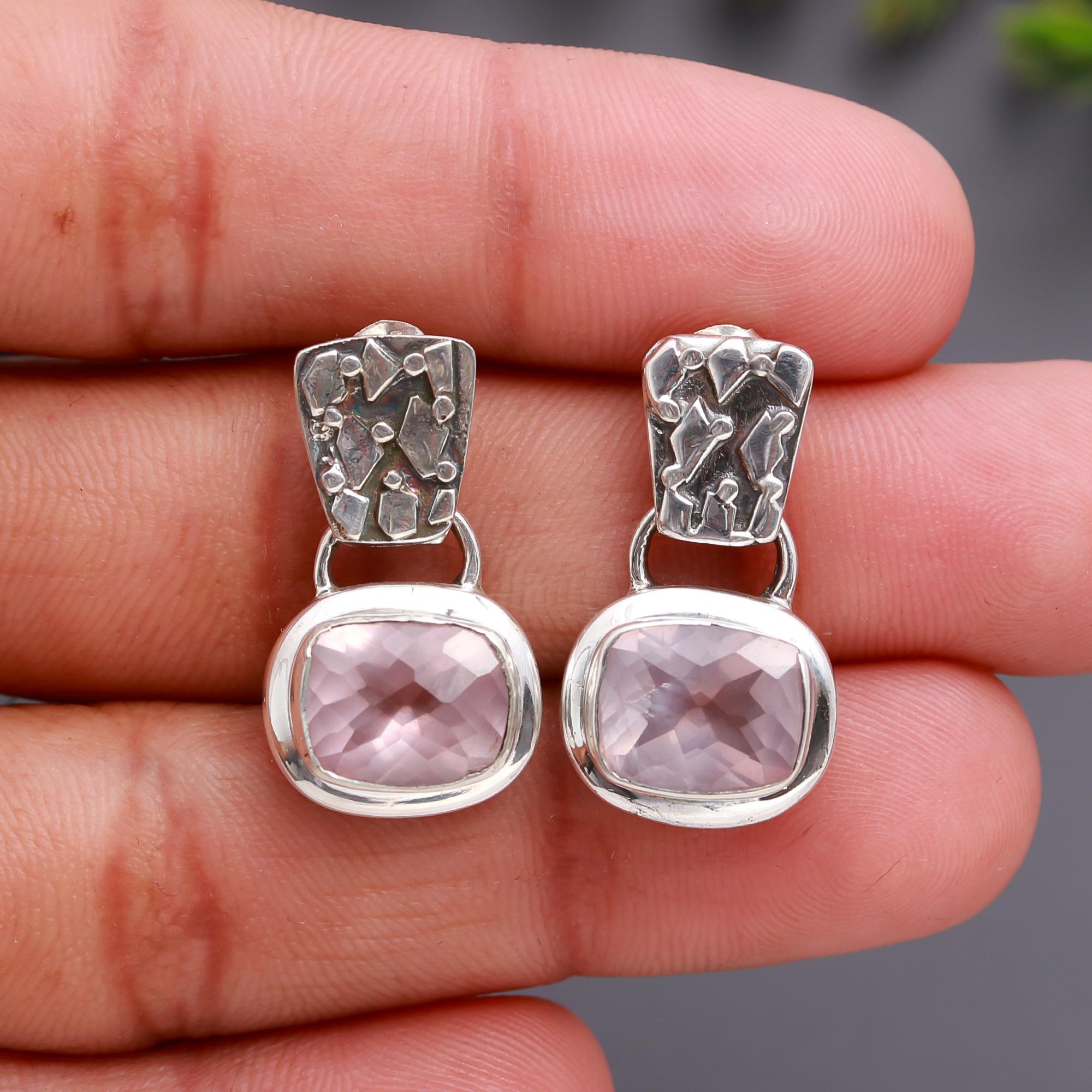 925 Silver Rose Quartz Drop Earrings