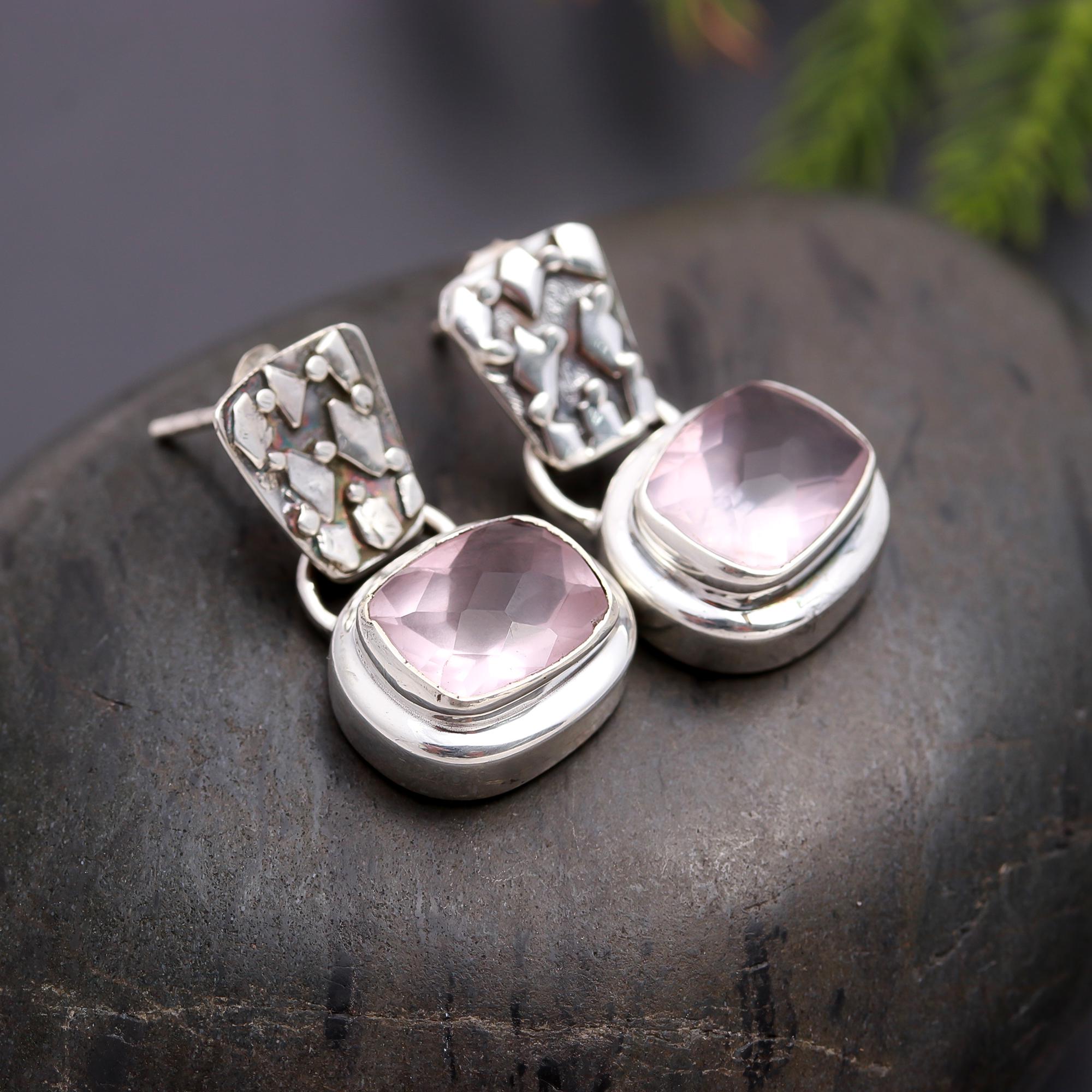 925 Silver Rose Quartz Drop Earrings