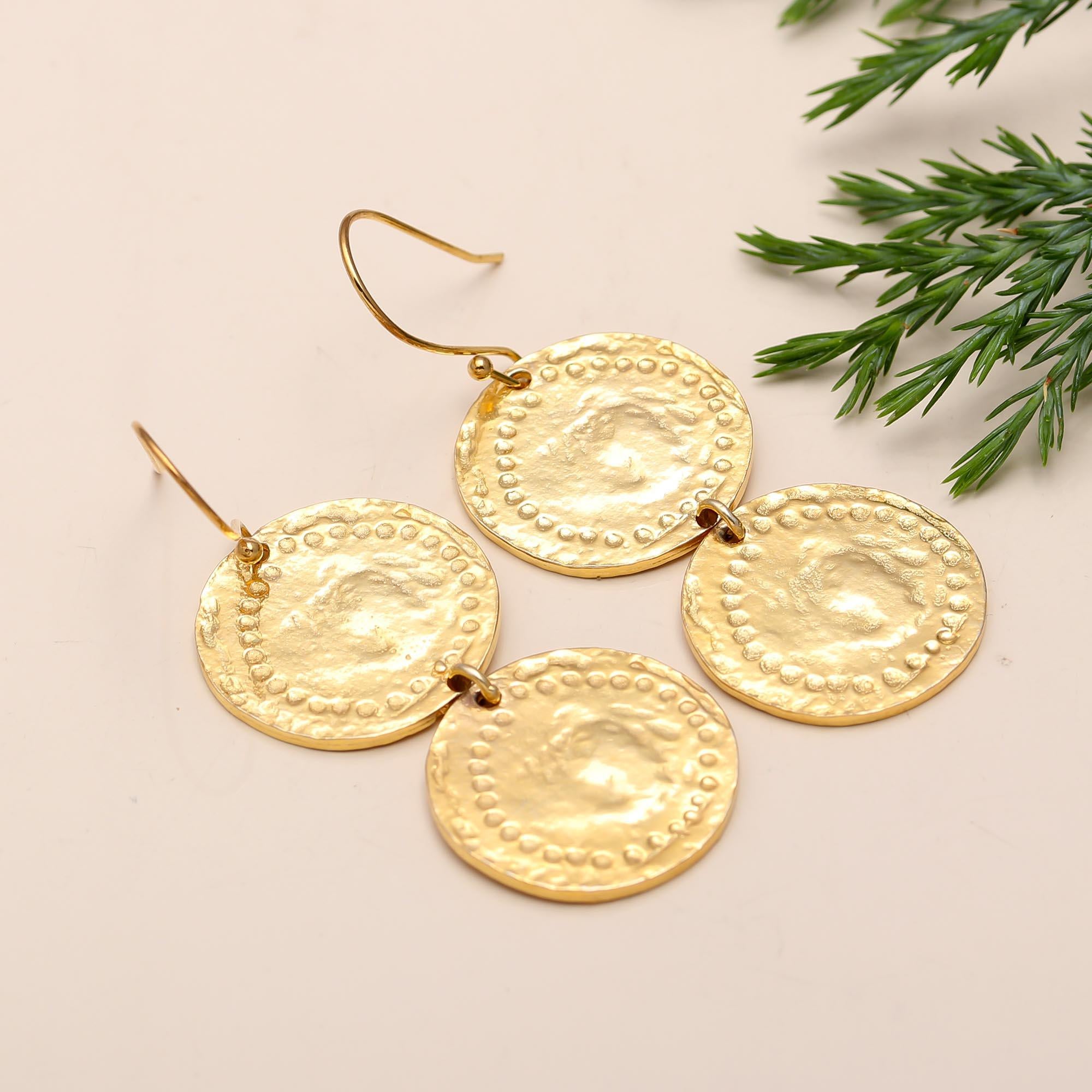 Textured Brass Coin Drop Earrings Hypoallergenic