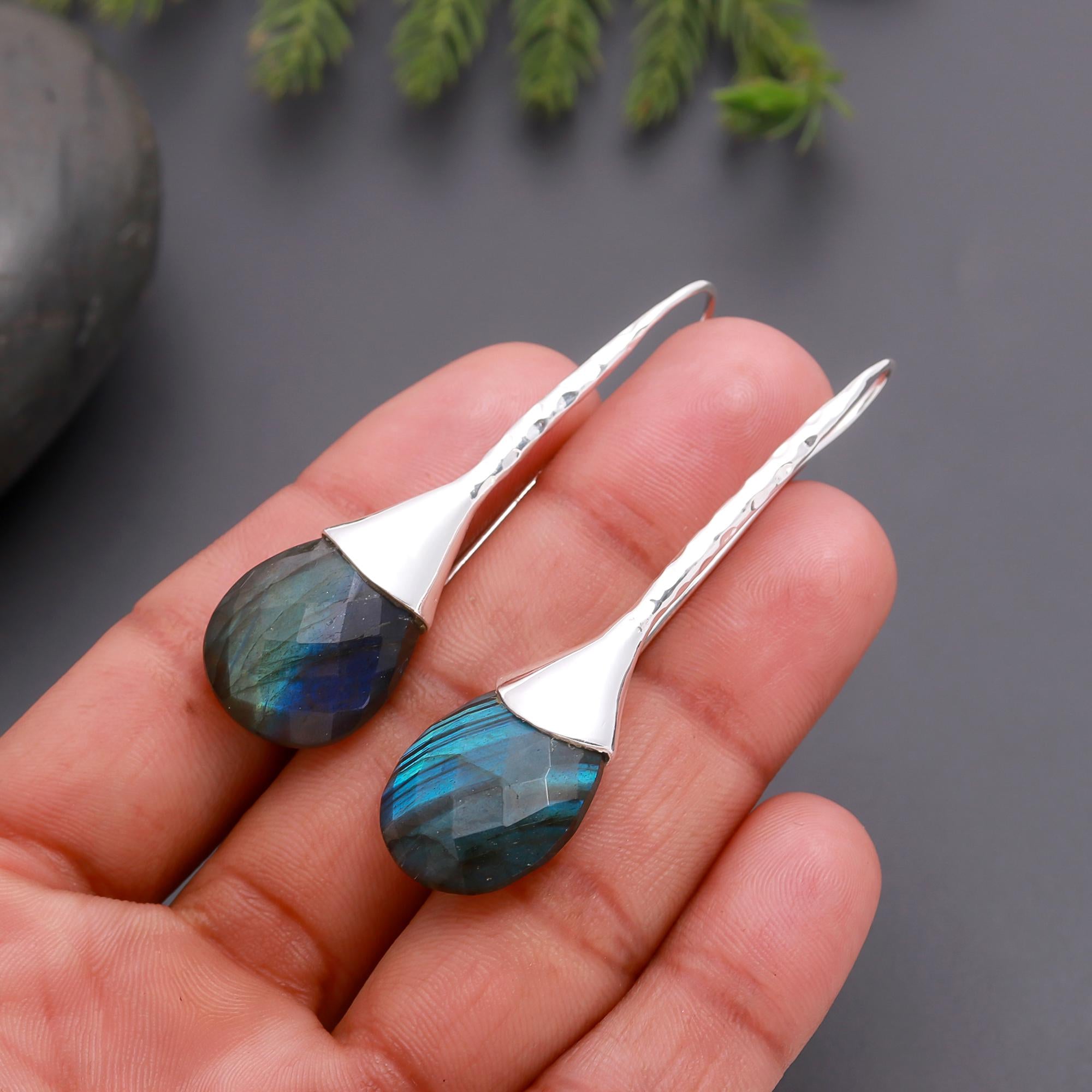 925 Silver Labradorite Long Dangle Earrings