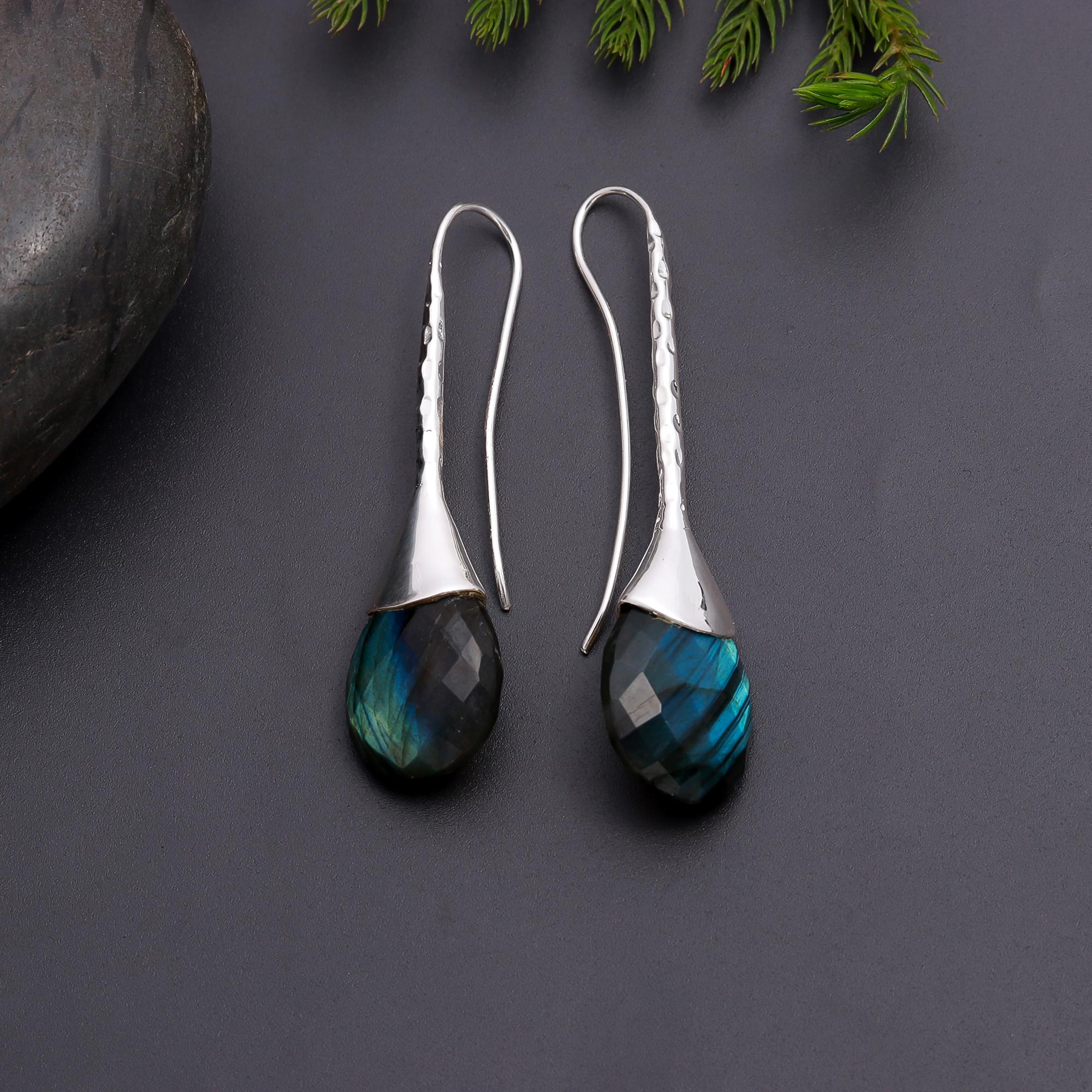 925 Silver Labradorite Long Dangle Earrings