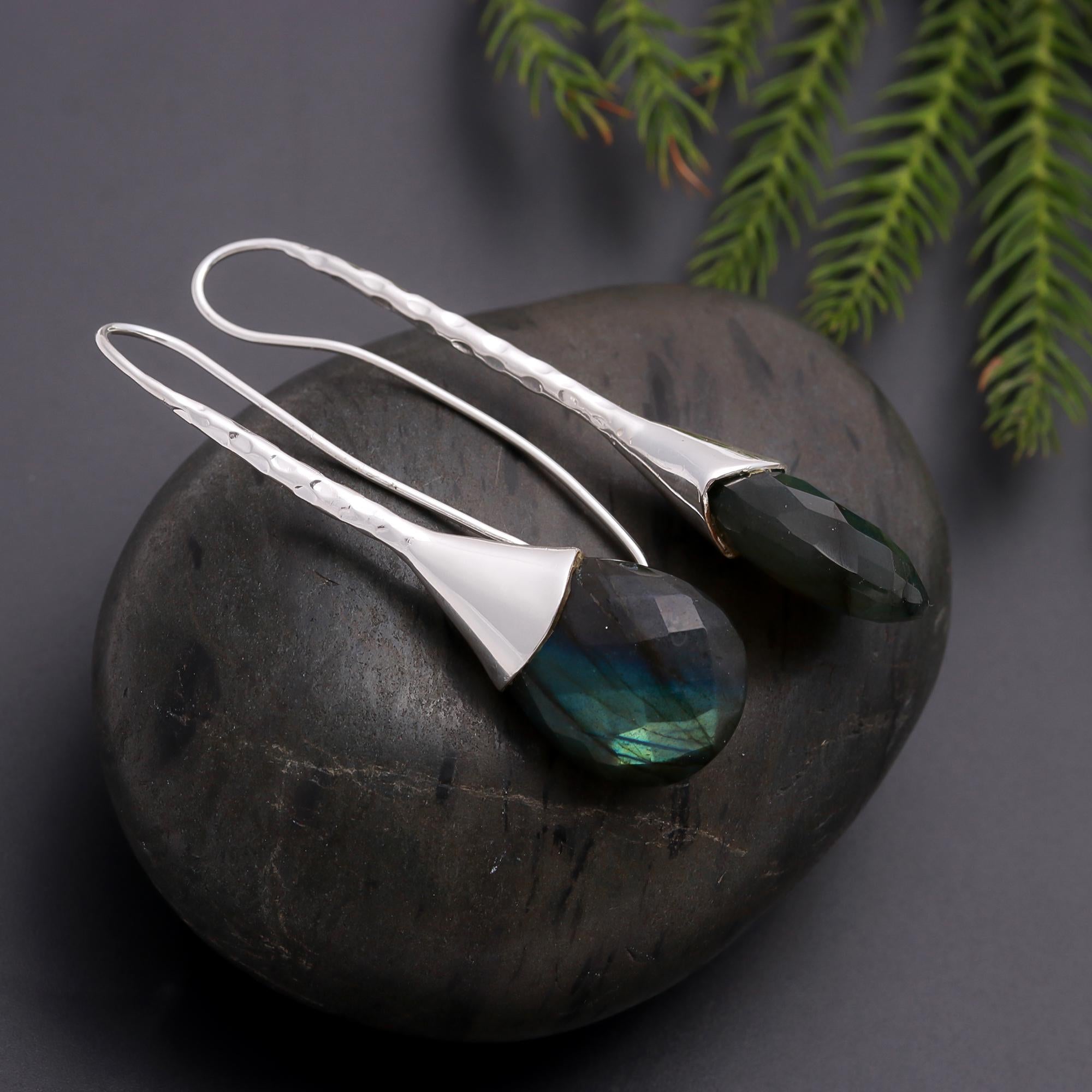 925 Silver Labradorite Long Dangle Earrings