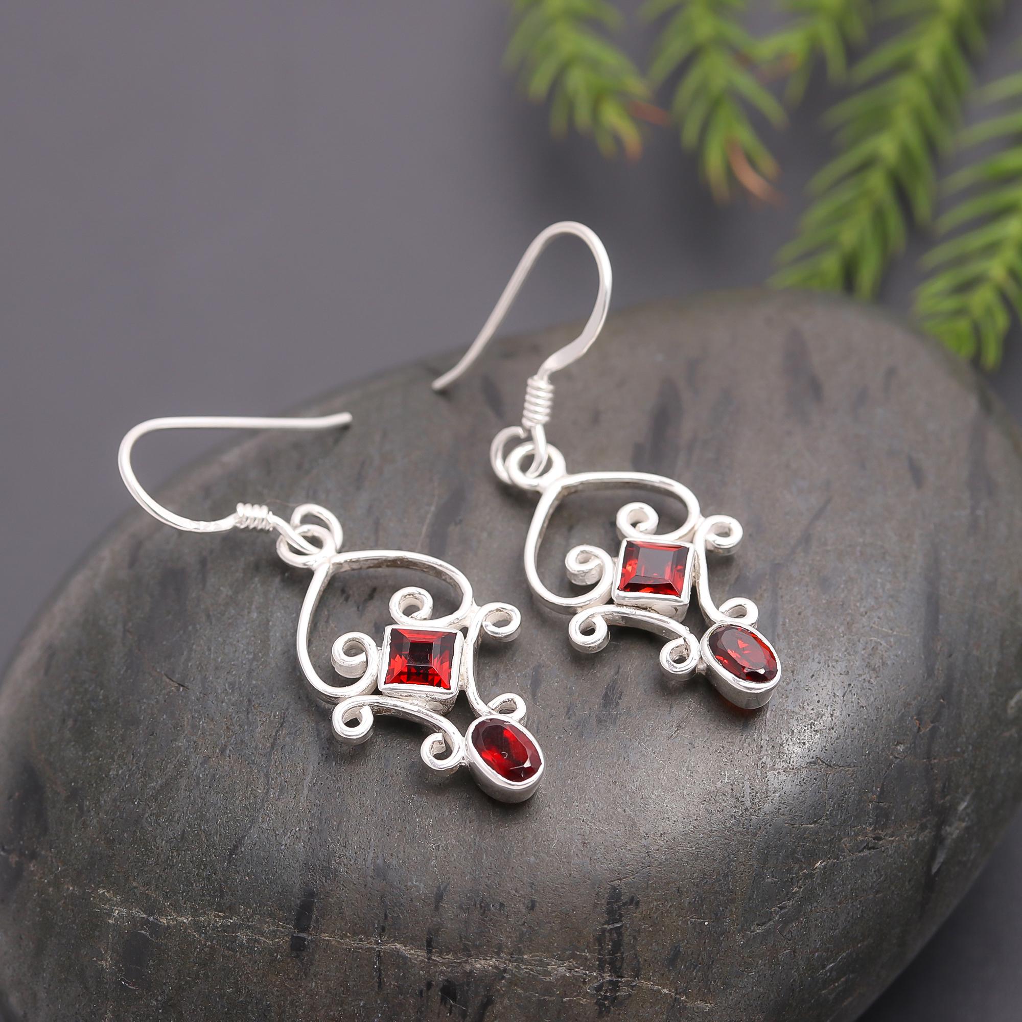 925 Silver Scroll Garnet Dangle Earrings